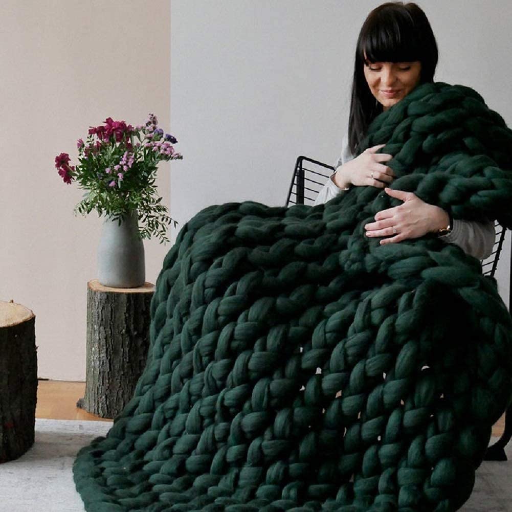 Premium Merino Wool Chunky Knit Blanket - Dark Green, Ultra Soft Handmade Bed Throw, 60x80in (150x200cm) - Boho Home Decor for Living Room, Sofa, Chair, Nursery & Pet Bed - Perfect Cozy Gift for Baby Shower, Housewarming & Winter Nights