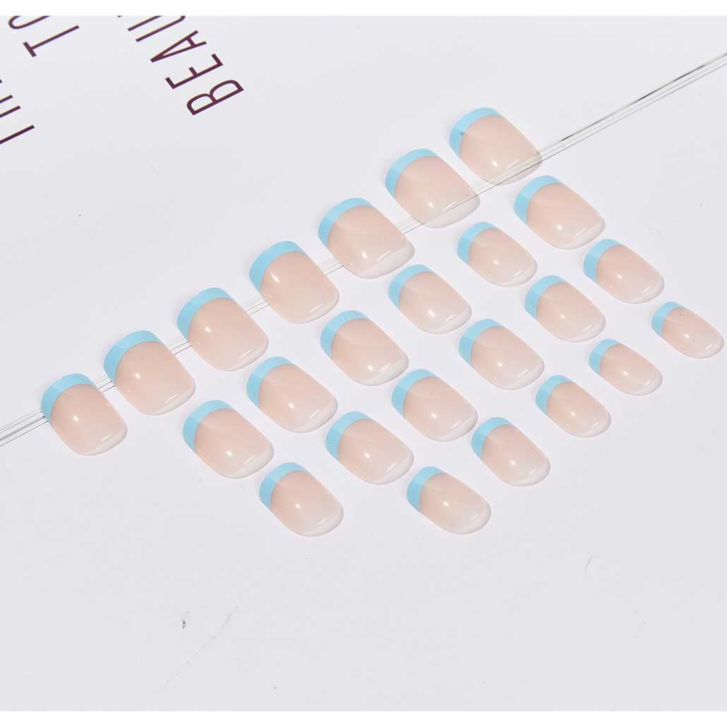 24pcs French Tip Blue Fake Nails - Glossy Square Press on Nails with False Nail Tips - Easy Artificial Finger Manicure for Women - Perfect for Parties, Weddings & Daily Wear