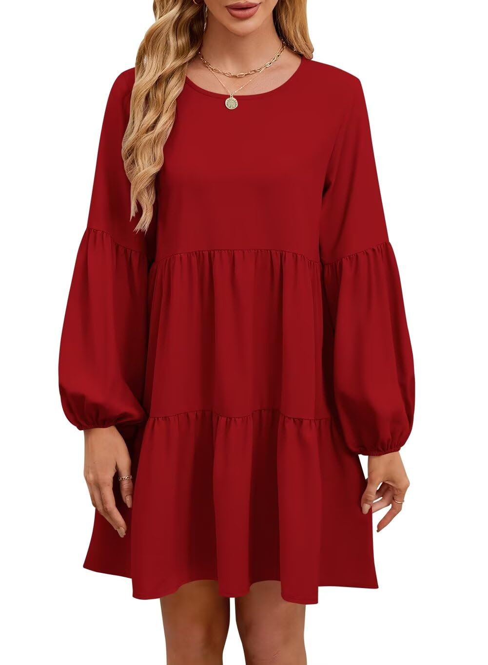 QACOHU Women's Summer Babydoll Dress 2025 - Spring Crew Neck Long Sleeve Flowy Swing Tunic Mini Dress for Casual Wear, Date Night & Vacation Outfits