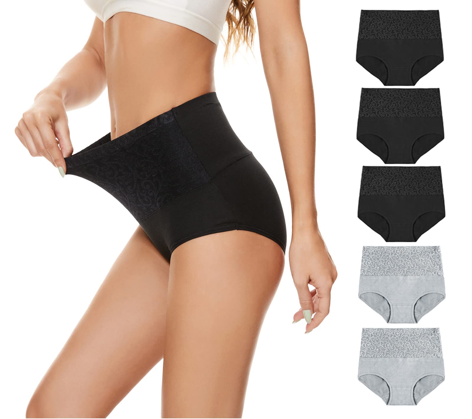 Lashapear Women's High Waist Cotton Underwear - Tummy Control Briefs - 3/5 Pack Solid Color Panties - Comfortable for Daily Wear, Workout & Postpartum Recovery