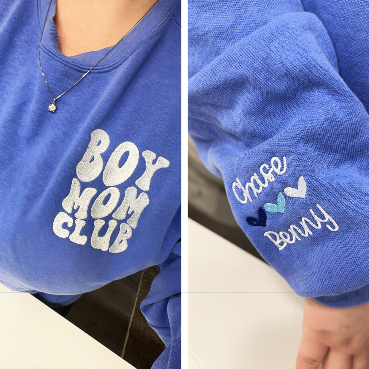Custom Embroidered Boy Mom Club Sweatshirt & T-Shirt with Kids Names on Sleeve - Perfect for Family Matching Outfits, Mother's Day Gifts & Proud Mom Apparel