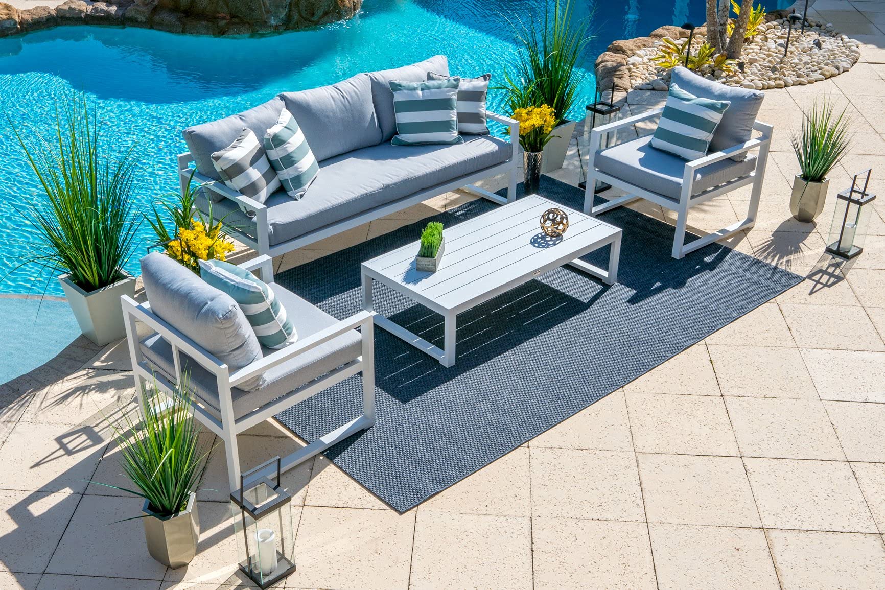 Juno 4-Piece White Aluminum Outdoor Patio Furniture Set - 3-Seat Sofa, 2 Armchairs & Coffee Table for Garden, Poolside & Backyard Relaxation