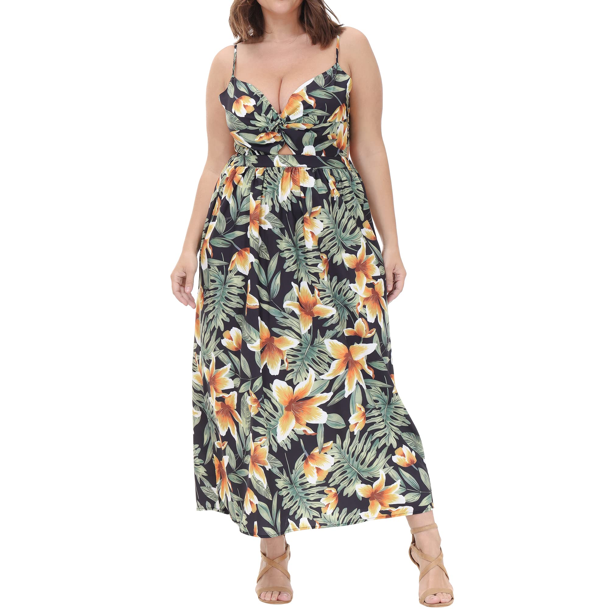 Willotis Women's Plus Size Hawaiian Luau Dress - Tropical Floral Spaghetti Strap Summer Beach Dress for Women | Perfect for Beach Vacations, Luau Parties & Tropical Getaways