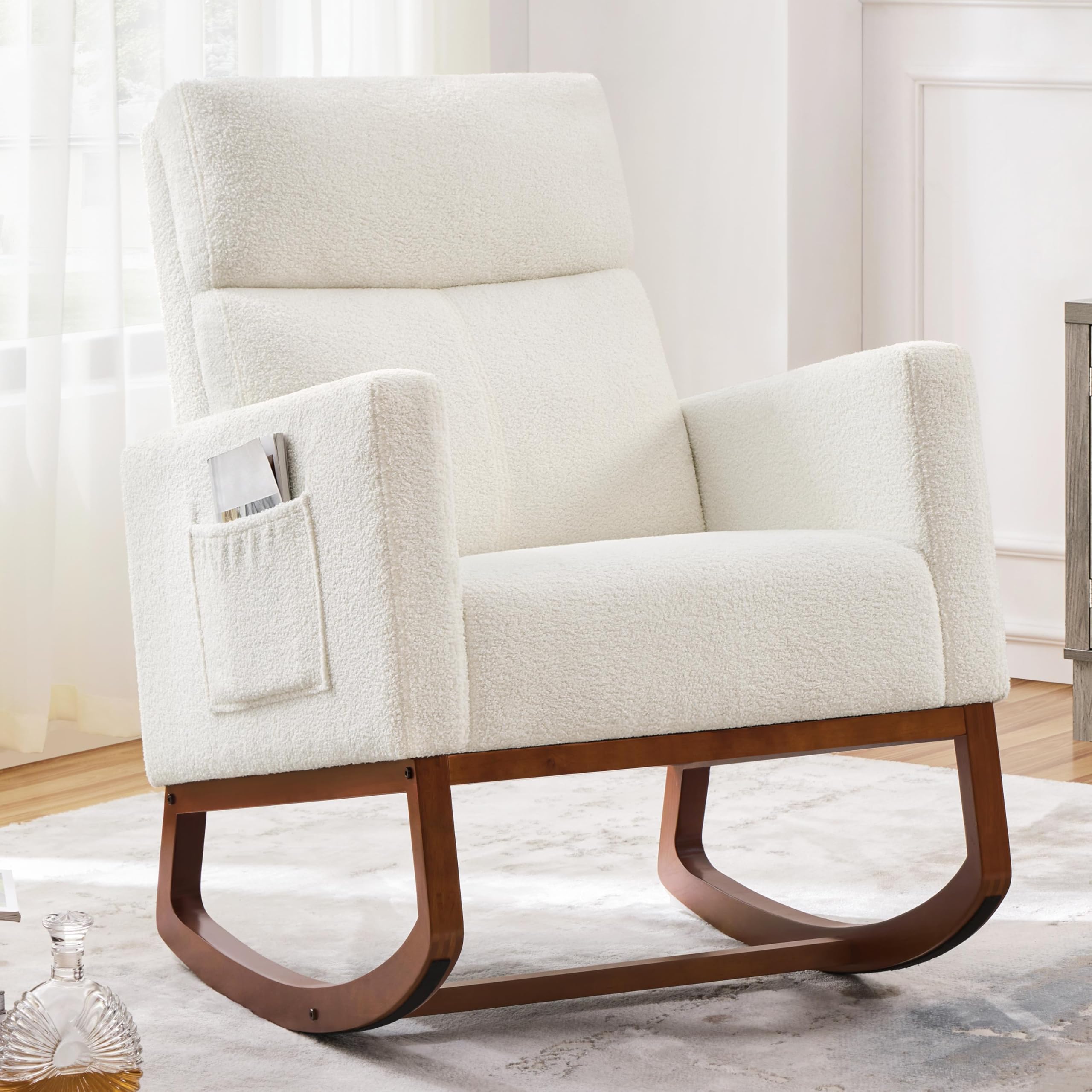 Yaheetech Upholstered Rocking Chair - Boucle Glider Nursery Chair with High Back & Side Pocket, Accent Armchair with Rubber Wood Legs for Living Room, Bedroom, Nursery - Perfect for Nursing, Reading & Relaxing (Ivory)