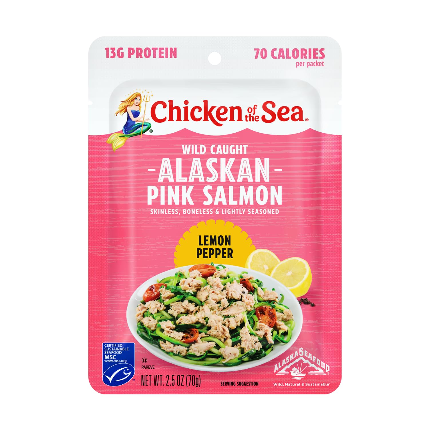 Wild Caught Alaskan Pink Salmon Packets - Chicken of the Sea, 2.5oz (Box of 12), Lemon Pepper Flavor - Perfect for Camping, Salads & Quick Meals
