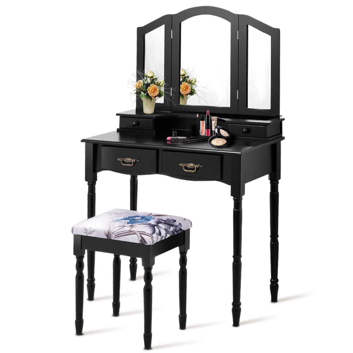 GOFLAME Vanity Table Set with Tri-Folding Mirror, 4 Drawers & Spacious Tabletop - Detachable Makeup Dressing Table with Cushioned Stool for Bedroom (Black) | Perfect Makeup Organizer for Small Spaces & Beauty Routine