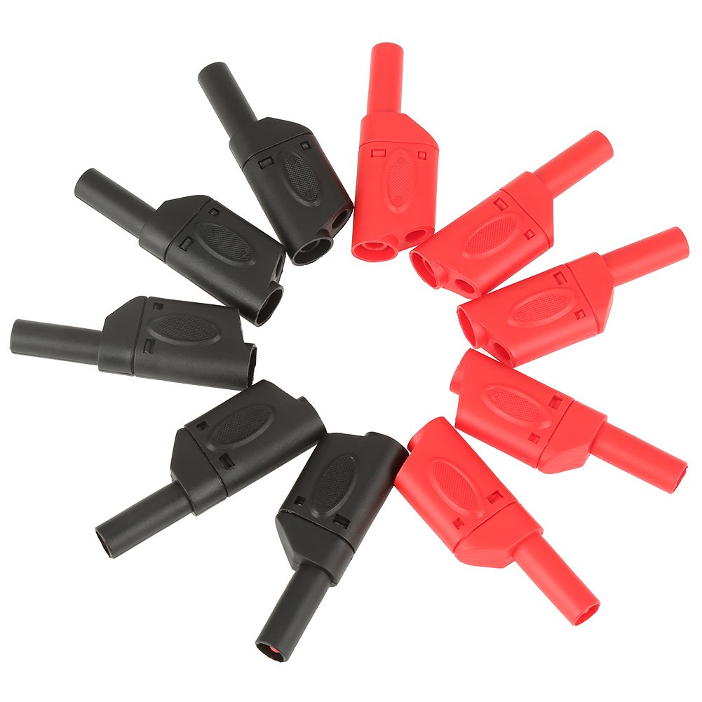 10Pcs Banana Plug Connectors - 4mm Stackable Male Solder Wire Connectors (Red/Black) for DIY Audio, Speaker, and Test Equipment - Fully Insulated Safety Banana Plugs for Secure Electrical Connections