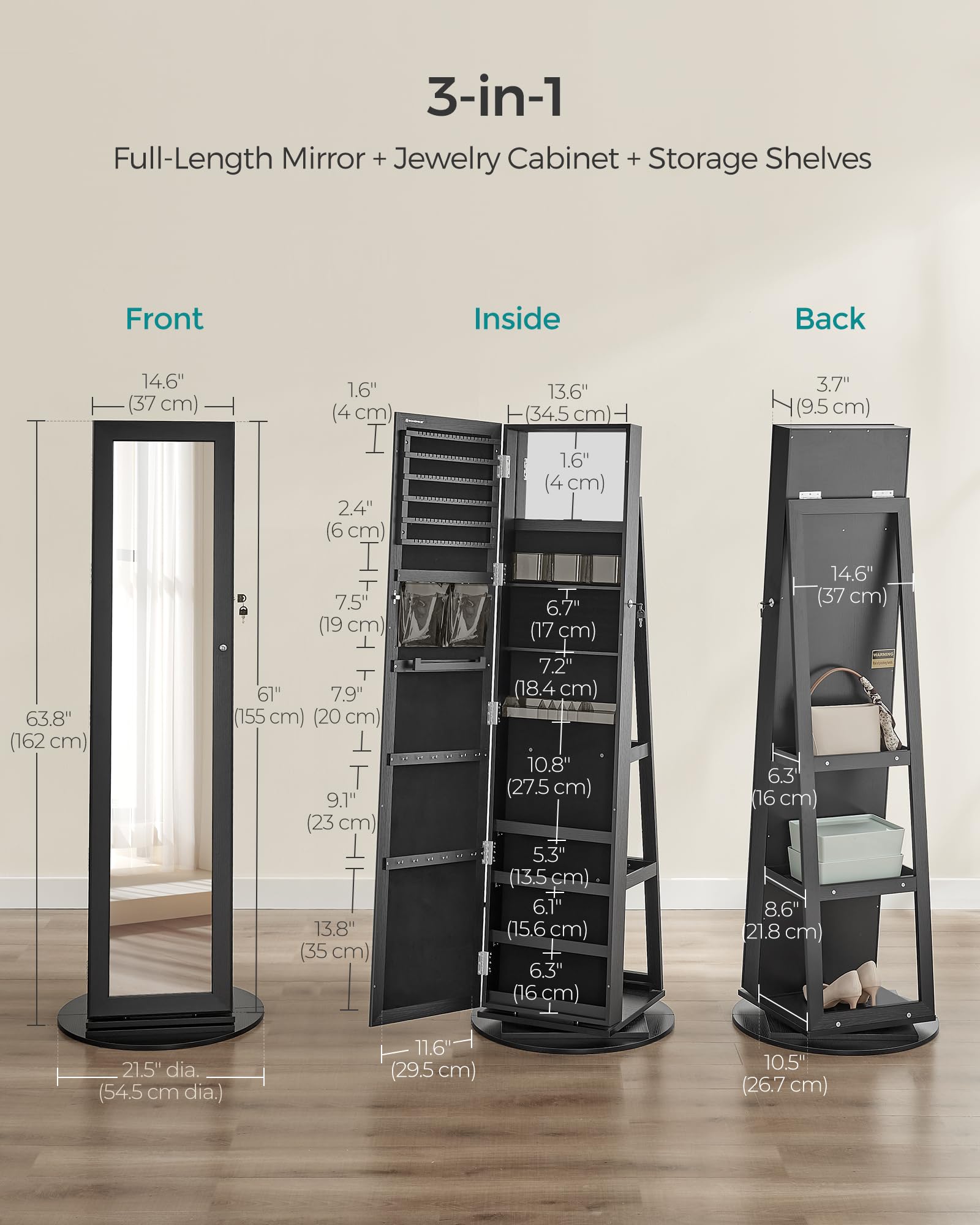 SONGMICS 360° Swivel Jewelry Cabinet with Full-Length Mirror - Lockable Jewelry Organizer with Interior Mirror & Storage Shelves - Jewelry Armoire for Bedroom, Closet or Dressing Room - Perfect Gift Idea (Black, UJJC006B01)