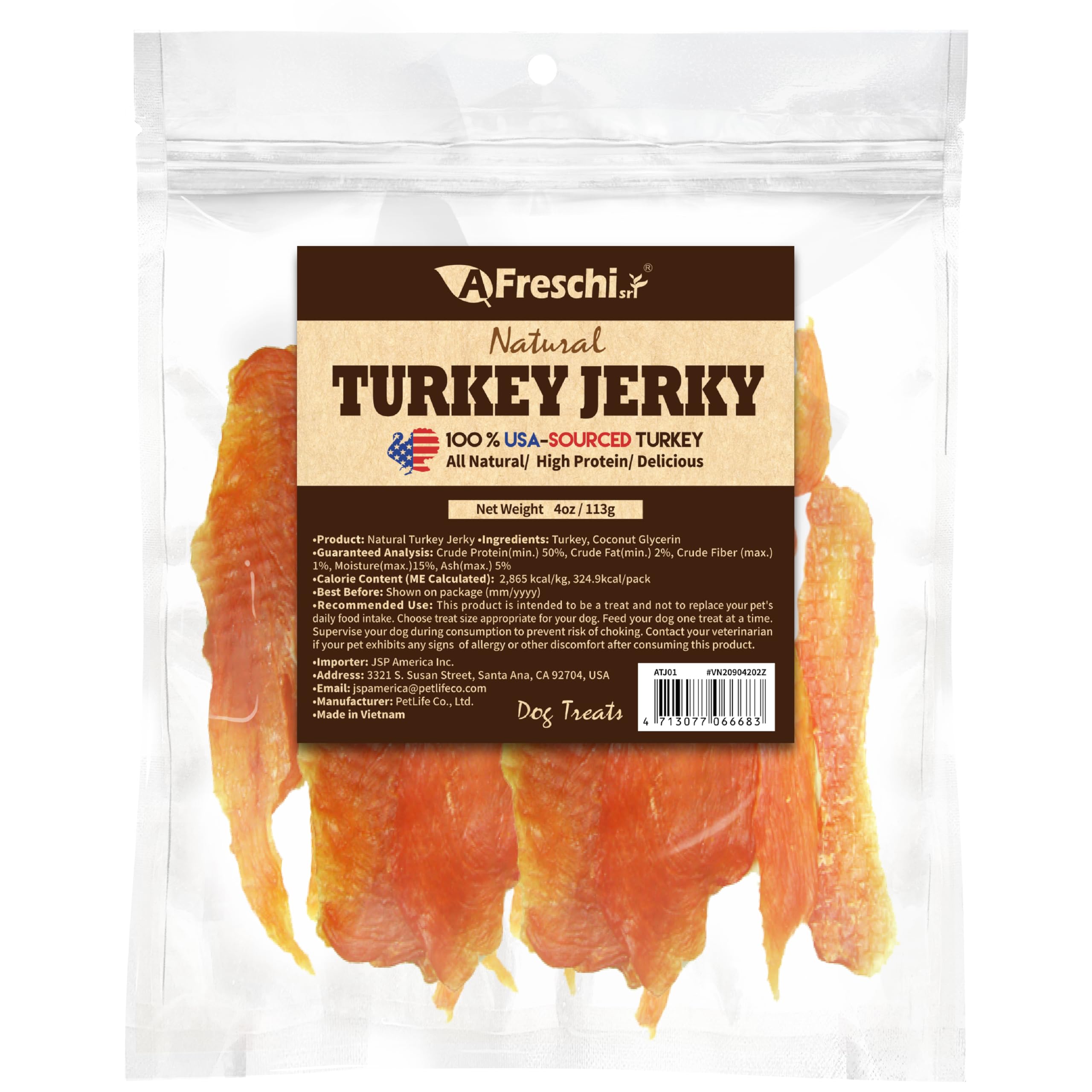 Afreschi Natural Turkey Jerky Dog Treats – 4 oz | USA-Sourced, Hypoallergenic, High-Protein & Low-Fat | Healthy Digestible Puppy Training Snacks for Small & Large Dogs | Perfect for Rewards, Travel & Outdoor Adventures