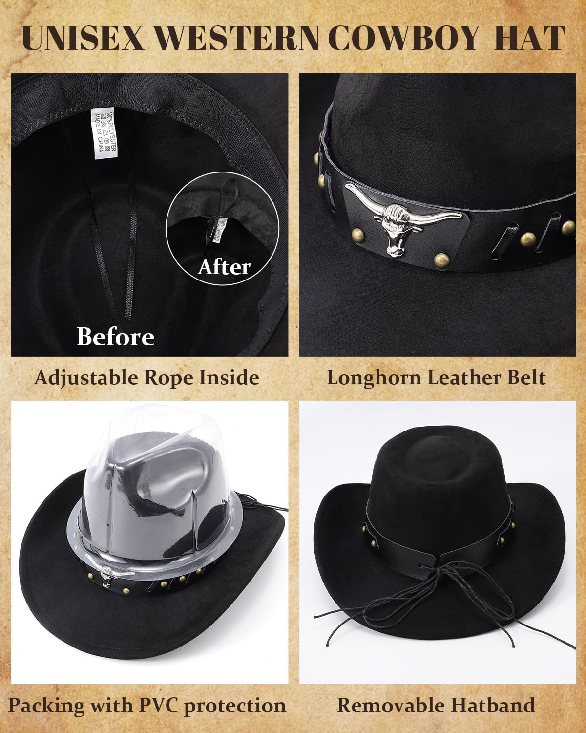Classic Western Cowboy Hat for Men & Women - Wide Brim Cowgirl Hat - Durable Felt/Straw Rancher Style - Perfect for Rodeo, Halloween, Christmas & Western Costume Parties