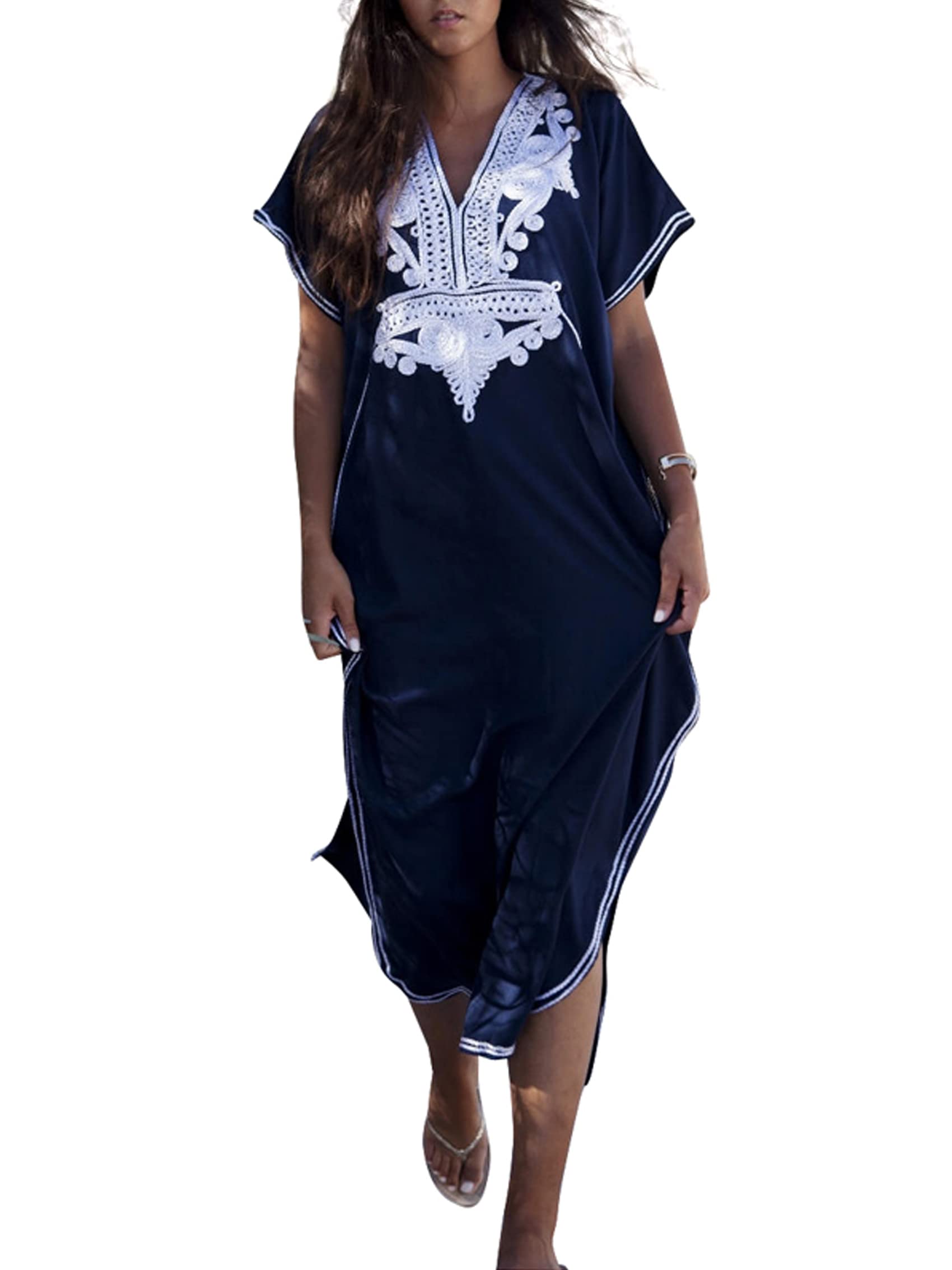 Women's Embroidered Kaftan Dress - Flowy Maxi Beach Cover Up for Swimsuit, Pool & Summer Vacations | Perfect for Resort Wear, Boho Outfits & Casual Elegance