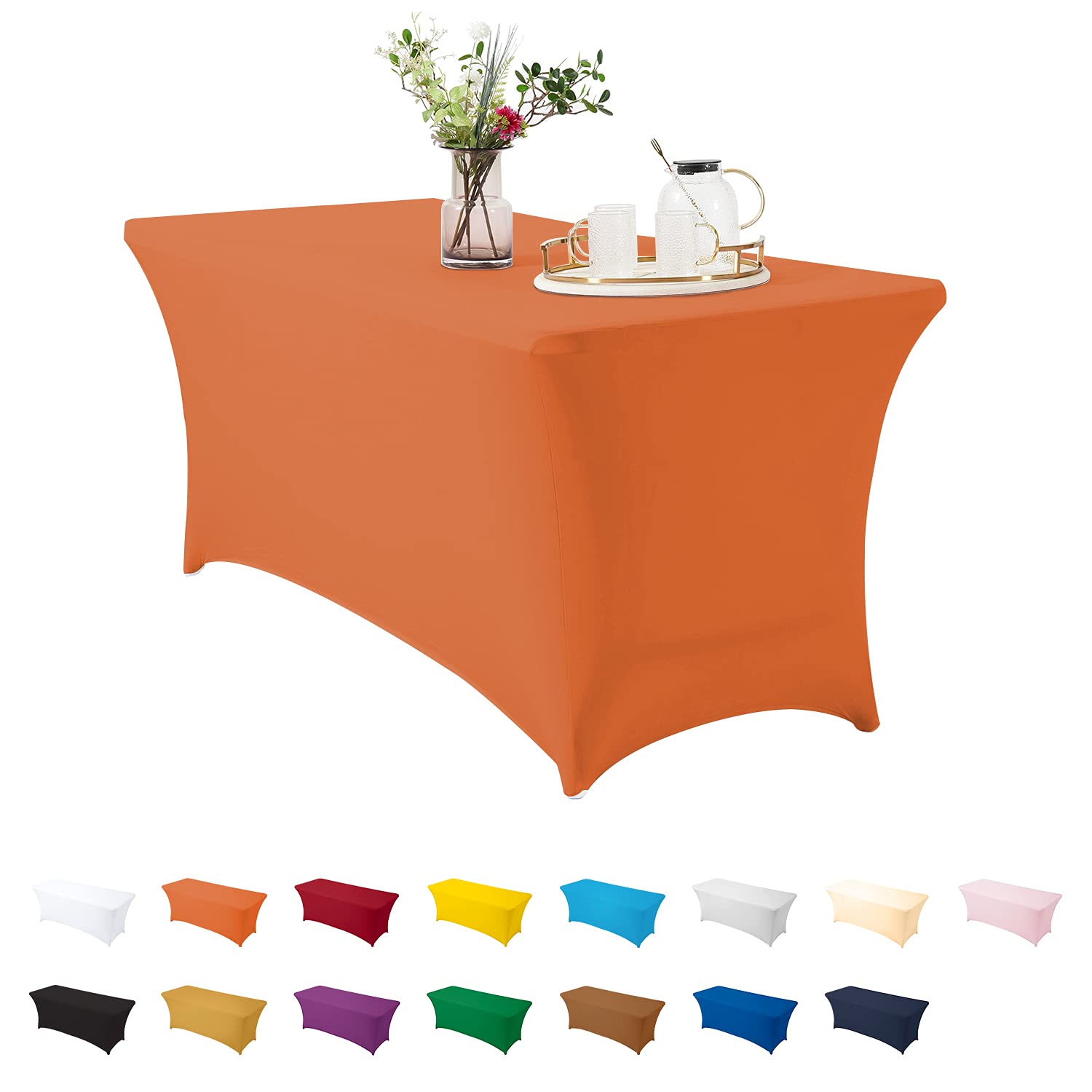 ManMengJi Spandex Table Cover 4 ft - Stretchable Fitted Tablecloth for Standard Folding Tables, Universal Rectangular Table Cover for Wedding, Banquet, Party & Events - Washable & Wrinkle-Free (Orange) - Perfect for Indoor/Outdoor Dining, Catering & Home Decor