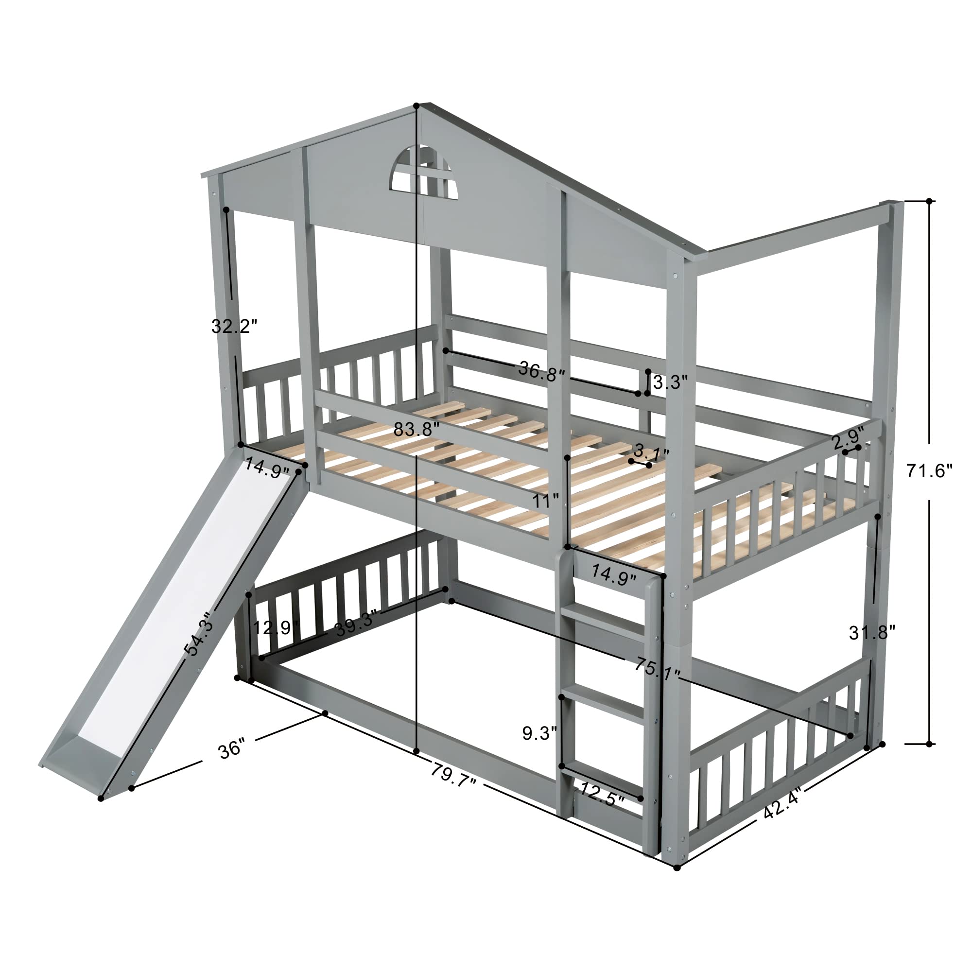Convertible Twin Over Twin Bunk Bed with Slide & Ladder - Gray & Pine Wood - Transforms into 2 Separate Platform Beds - Perfect for Kids' Bedrooms, Guest Rooms & Small Spaces