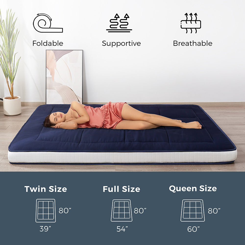 MAXYOYO Japanese Floor Futon Mattress - Thick Padded & Portable Navy Blue Floor Bed for Guest Room, Dorm, Camping & Travel