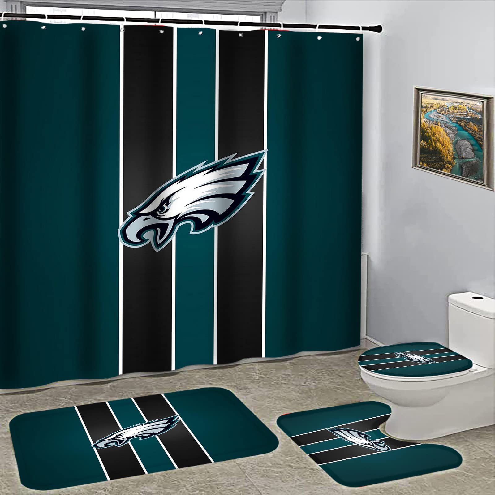 4PCS Eagle-Themed Bathroom Set - Non-Slip Shower Curtain, Rugs, Toilet Cover & Bath Mat with 12 Hooks - 72