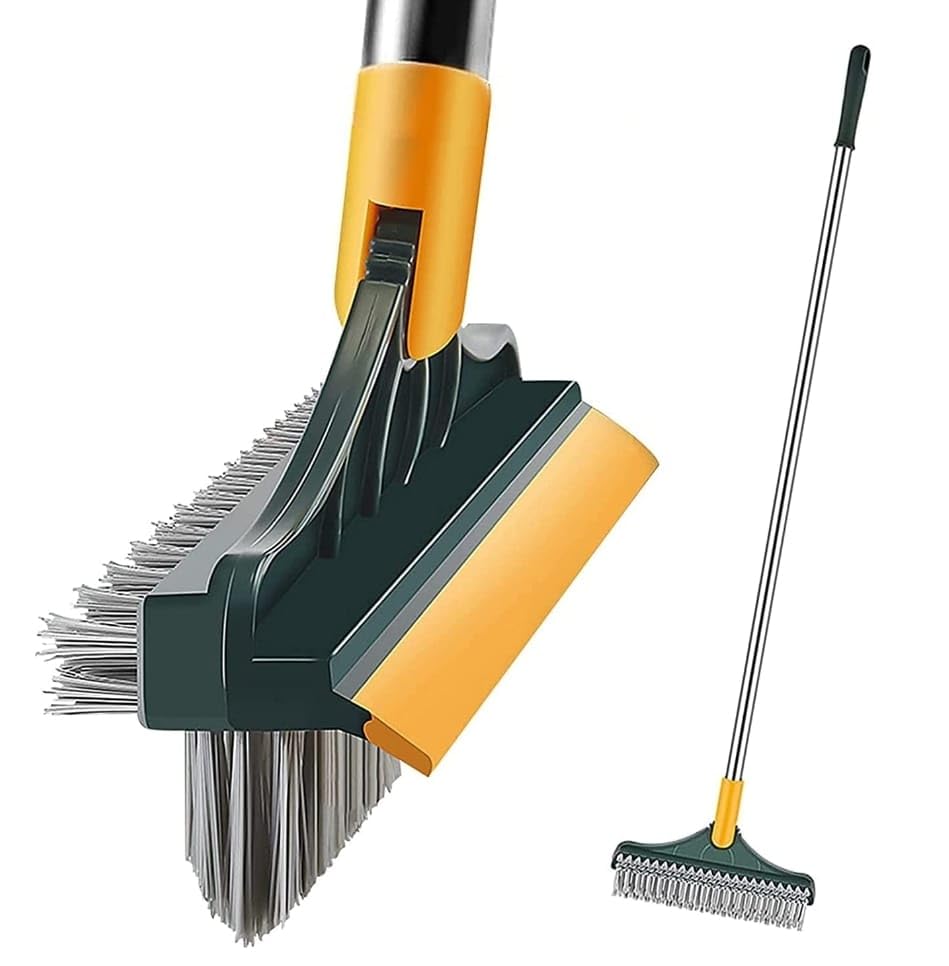 3-in-1 Tile Cleaning Brush with Long Handle & 120° Rotating Head - Bathroom Scrubber with Scraper for Shower, Tub, Wall, Deck & Terrace Tile Cleaning - Perfect for Grout, Ceramic & Porcelain Surfaces