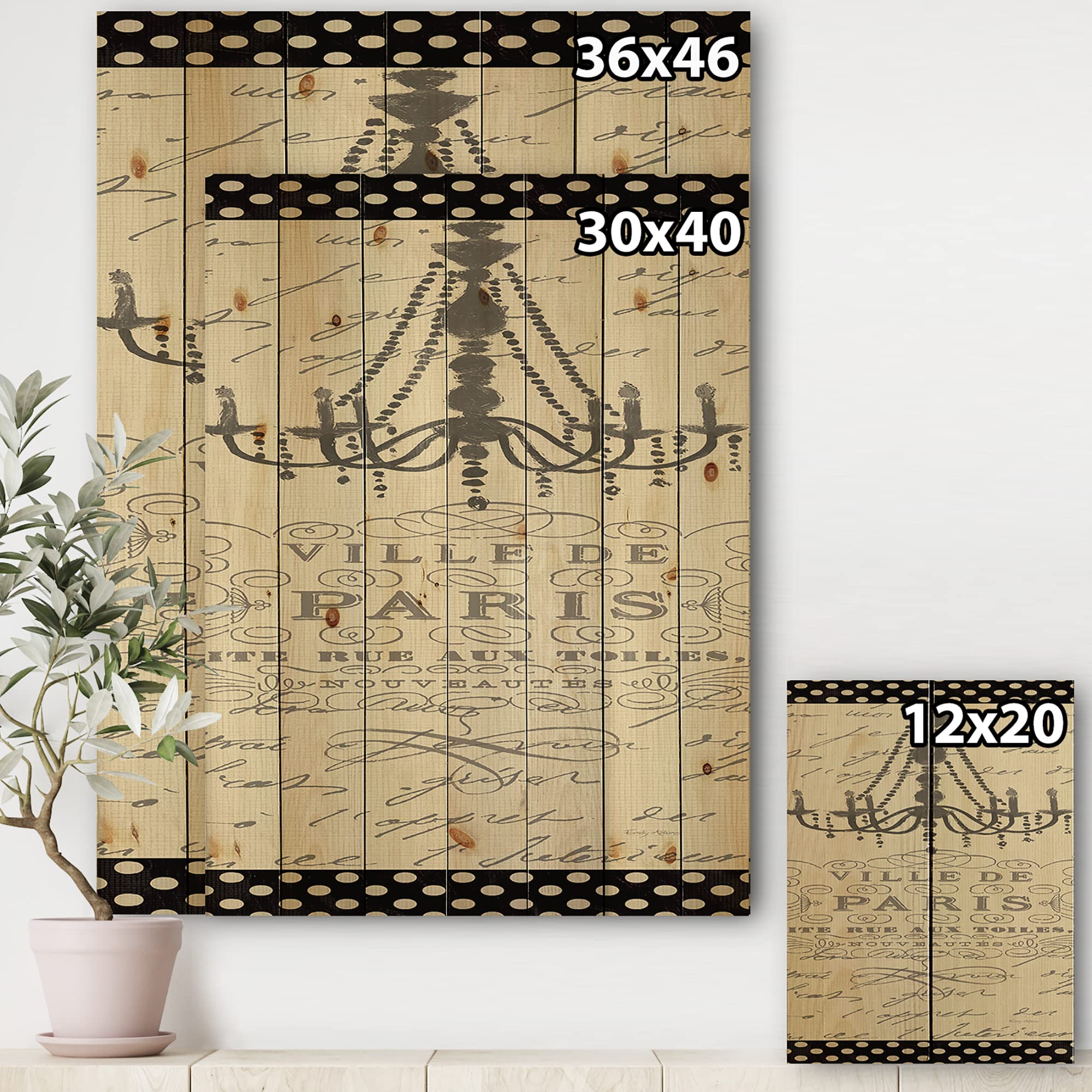 DesignQ French Chandeliers Couture - French Country Wood Wall Decor & Art | Large Fashion Wood Wall Panels Printed on Natural Pine | Perfect for Living Room, Bedroom & Dining Room Décor