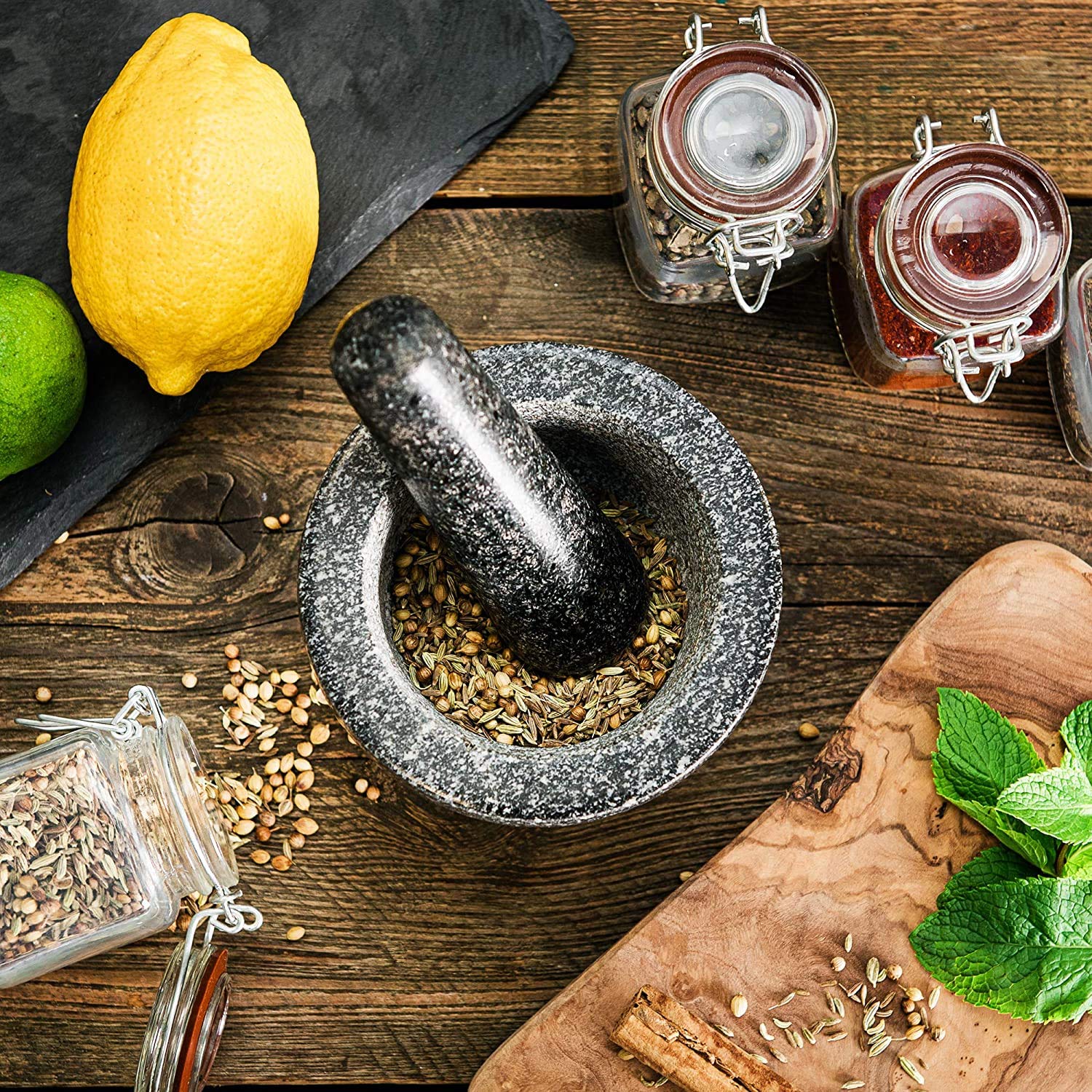 Premium Granite Mortar and Pestle Set - Natural Honed & Polished for Grinding Spices, Herbs, Seeds, Salt & Pepper - Durable Kitchen Tool for Fresh Flavor Paste - Perfect for Cooking, Baking & Meal Prep