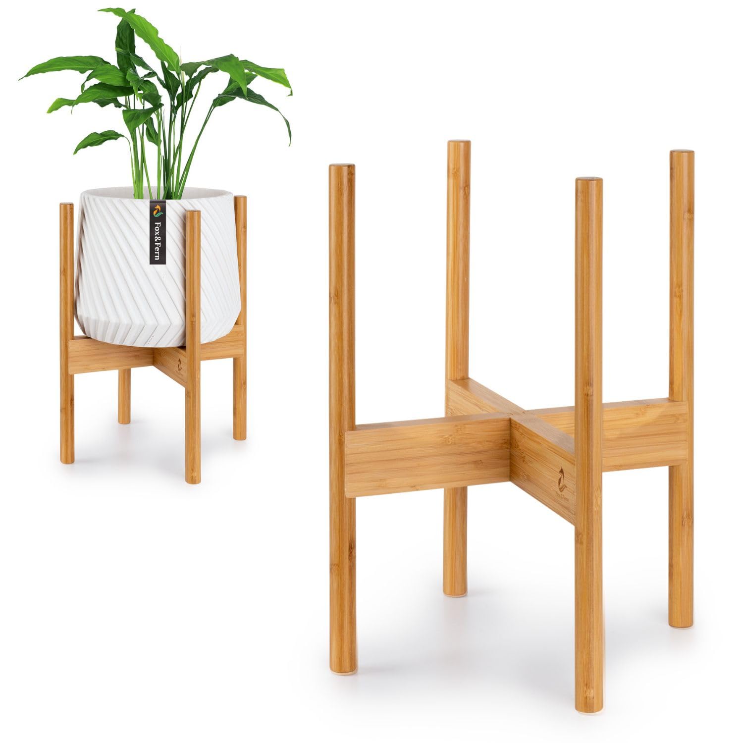 Fox & Fern 10 Inch Bamboo Plant Stand – Mid Century Modern Indoor Planter Holder with Plug-In Design & Two Height Options – Perfect for Living Room, Bedroom, or Office Decor