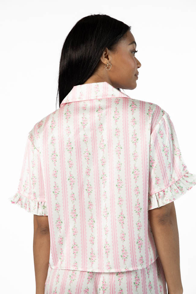 Pink Floral Striped Short Sleeve Pajama Top for Women - Soft Sleepwear for Cozy Nights & Lounging - Perfect for Bedtime, Relaxation & Gifts