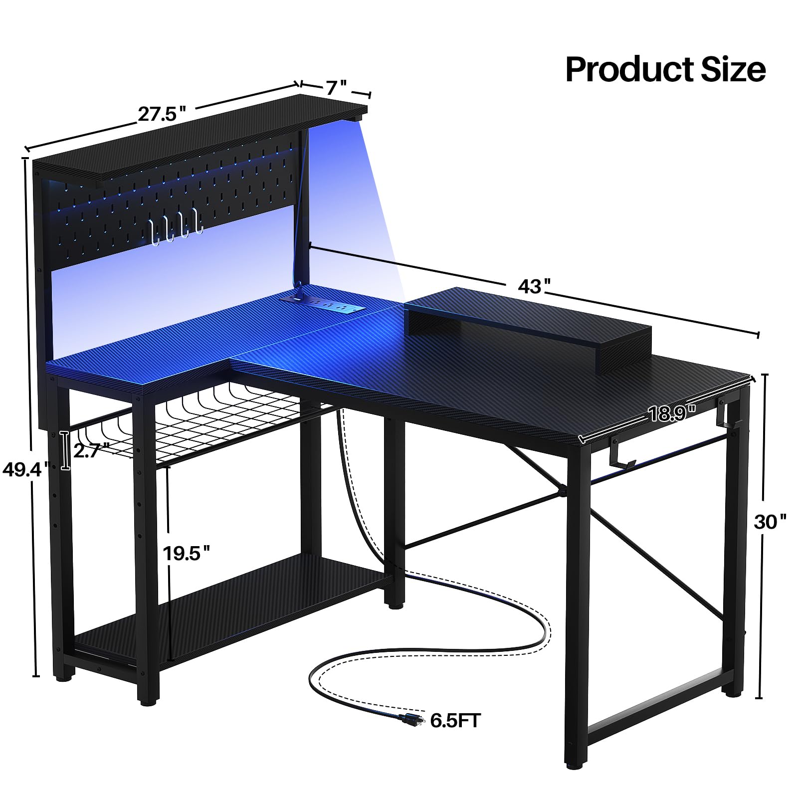 Homieasy 43 Inch L-Shaped Gaming Desk with Power Outlets, LED Light & Pegboard - Carbon Fiber Black Computer Corner Desk with Monitor Stand, Storage Shelves & Headset Hooks - Perfect for Small Spaces, Home Office & Gaming Setup
