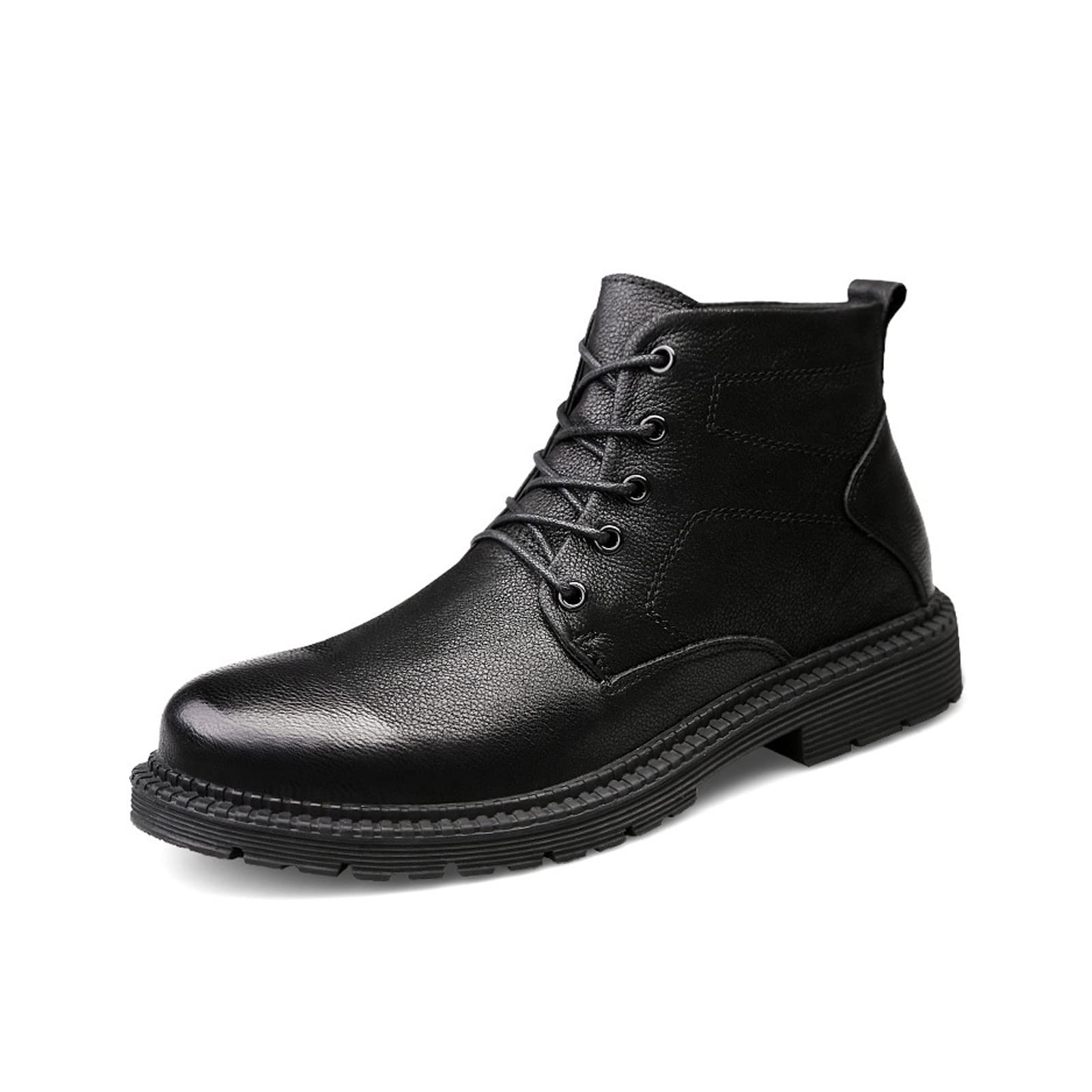 GAGC Men's Leather Mid-Calf Work Boots - Martin Style, Steel Toe, Waterproof Snow Boots for Winter, Large Size 7.5 US (Black with Cotton Lining) - Ideal for Construction, Hiking & Outdoor Activities