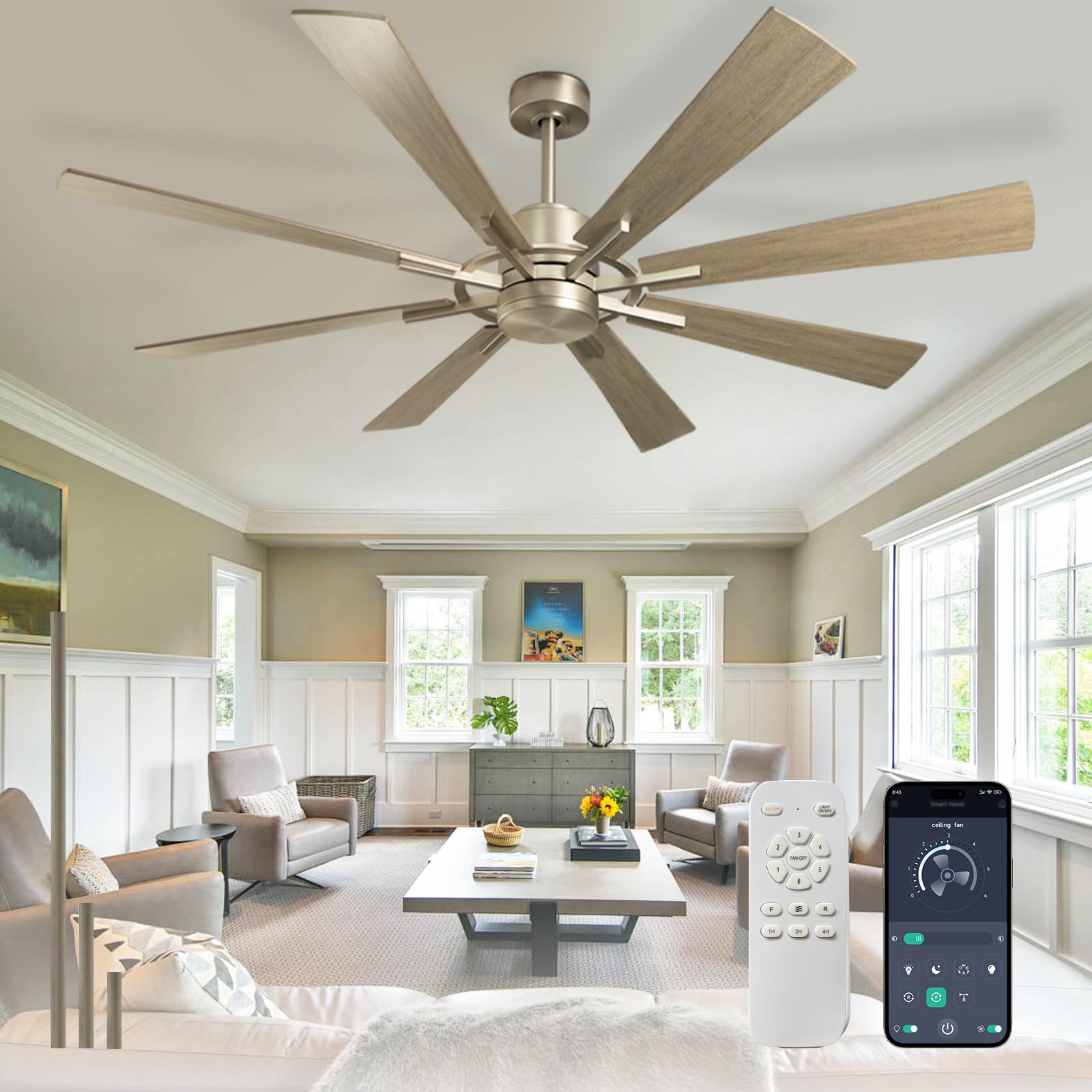 Depuley 60 Inch Smart Ceiling Fan Without Light - Remote & APP Control, Reversible 8 Blade Wood Farmhouse Fan for Indoor/Outdoor Use, Quiet DC Motor with Memory Function & Timer | Perfect for Living Rooms, Bedrooms, Patios & Large Spaces