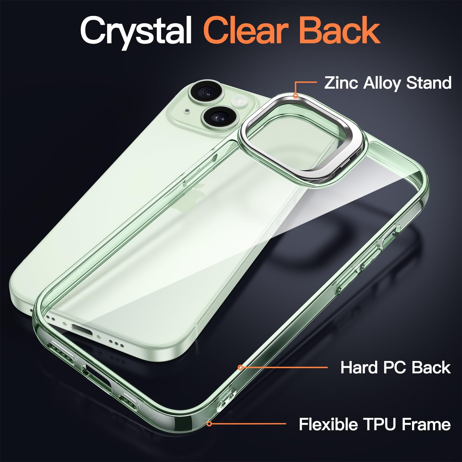 JETech iPhone 15 6.1-Inch Clear Kickstand Case with Camera Ring Stand - Shockproof, Anti-Yellowing, Anti-Scratch Bumper Cover (Green) - Perfect for Work, Travel & Everyday Protection