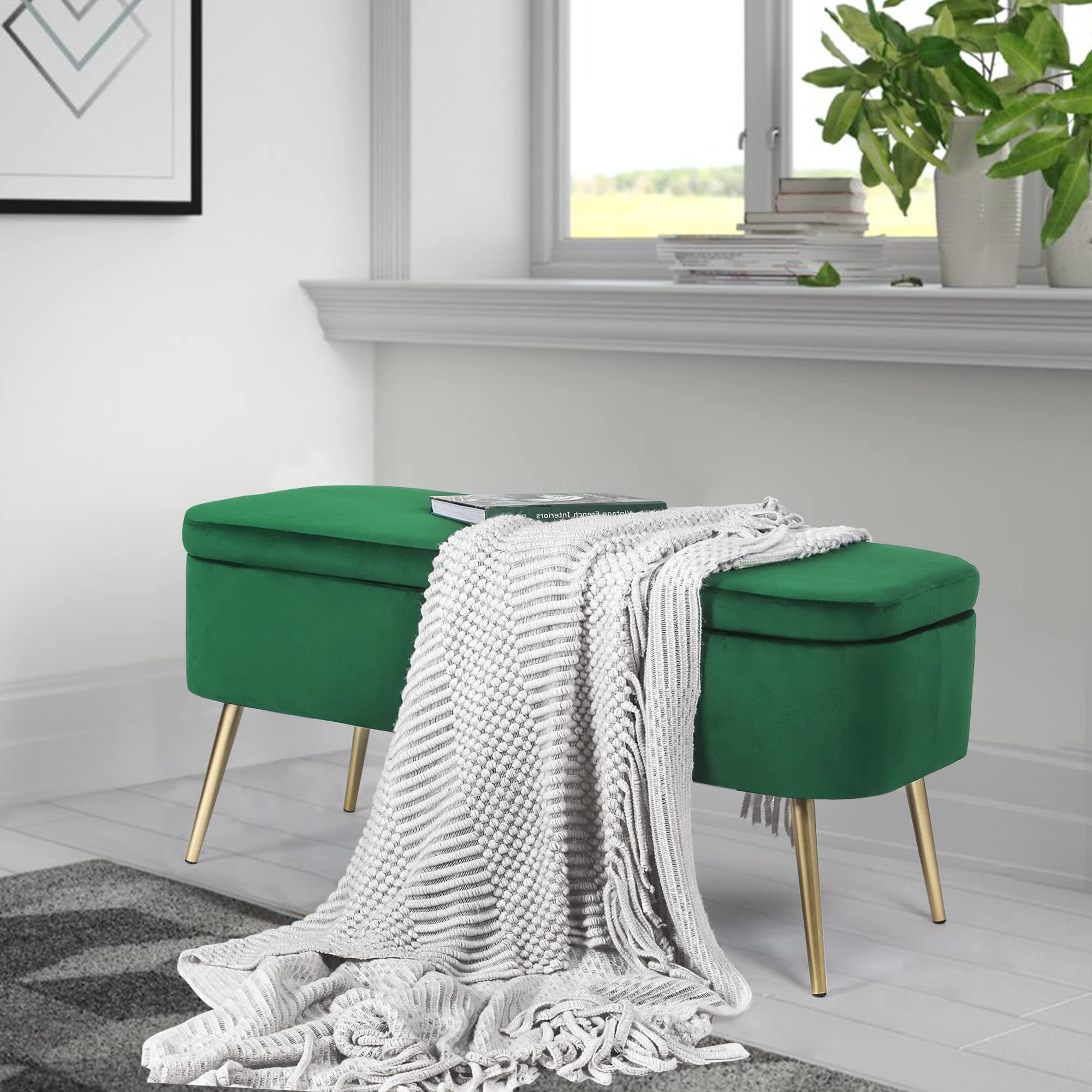Joveco Velvet Upholstered Storage Bench with Golden Metal Legs - Modern Ottoman Footrest, Coffee Table for Entryway, Living Room, Bedroom & Window Seat - Soft Padded Seat (Green) | Perfect for Small Space Organization, Extra Seating & Stylish Home Decor