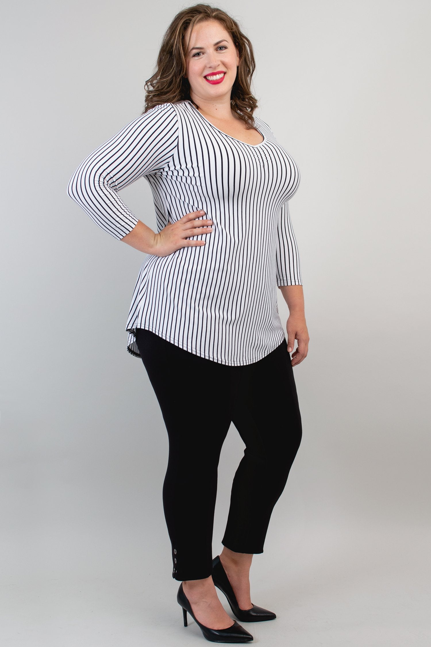 Franny Top - White & Black Small Stripe Bamboo V-Neck T-Shirt for Women | Soft Breathable Eco-Friendly Fabric | Perfect for Casual Wear, Yoga & Summer Outfits
