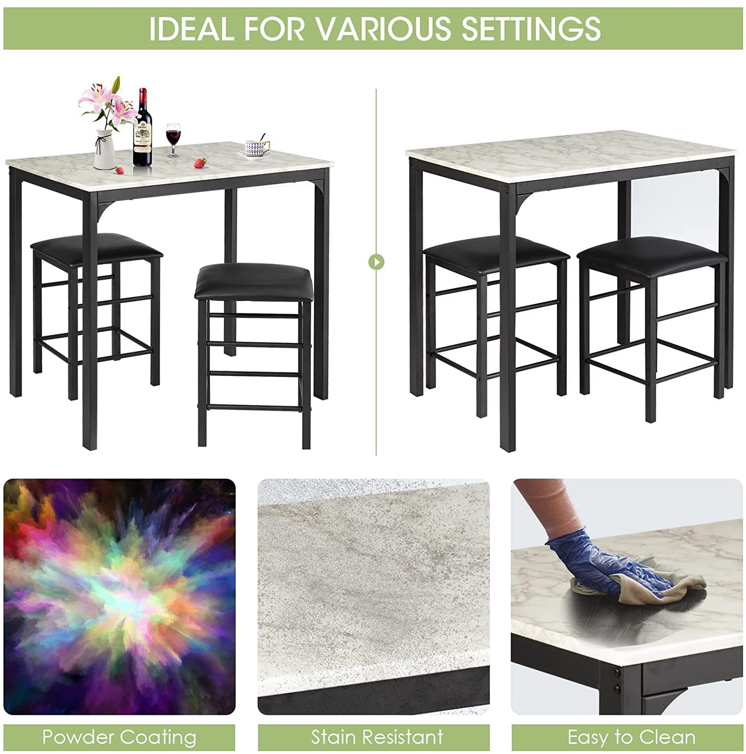 FANTASK 3-Piece Counter Height Dining Table Set for 2 - Small Kitchen Table with 2 Faux Leather Backless Stools, Space-Saving Breakfast Nook Set for Apartments, Kitchens, Bars & Small Spaces (White) | Perfect for Studio Apartments, Tiny Homes & Compact Dining Areas