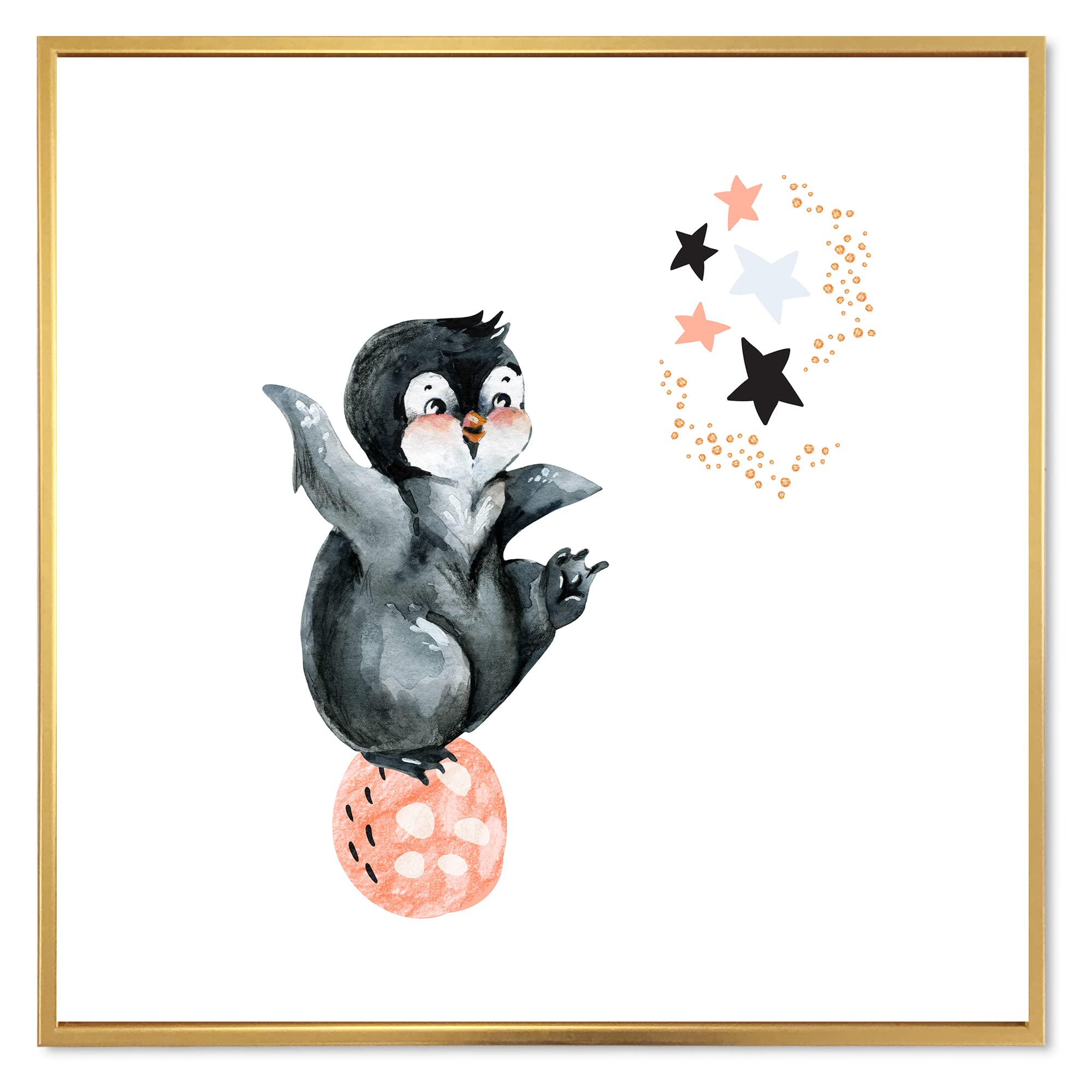 DesignQ Little Penguin With Stars and Planets II - Framed Canvas Wall Art Print for Nursery, Kids Room Decor, Farmhouse Style Home Decor - Perfect for Baby Shower Gifts & Children's Bedroom