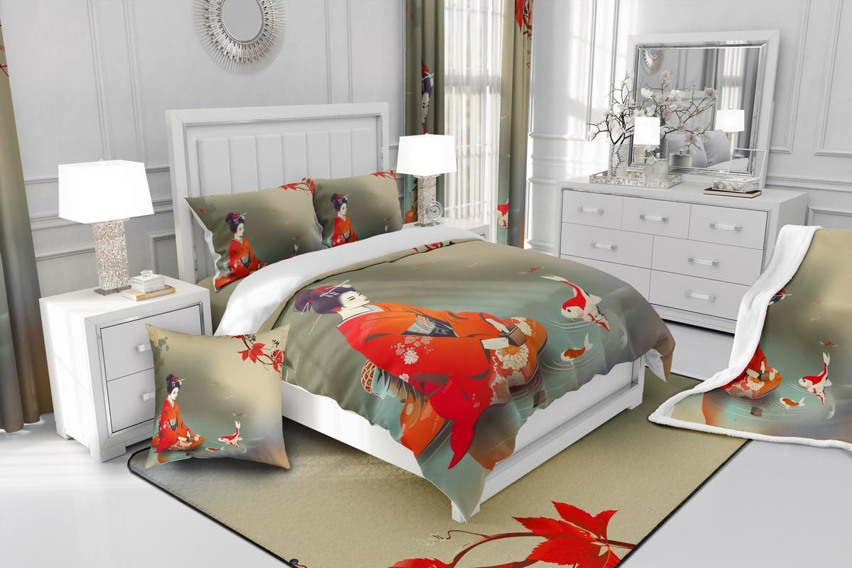 3D Printed Koi Fish Duvet Cover Set - Japanese Style Twin Bedding with Geisha & Fish Pattern | Soft 2-Piece Comforter Cover for Women's Bedroom Decor | Perfect for Asian-Themed Rooms & Zen Home Decor