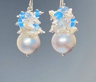 Elegant Silver Pearl Cluster Earrings with Blue Opal, Keishi Pearls & Aquamarine in Sterling Silver - Perfect for Weddings, Parties & Special Occasions