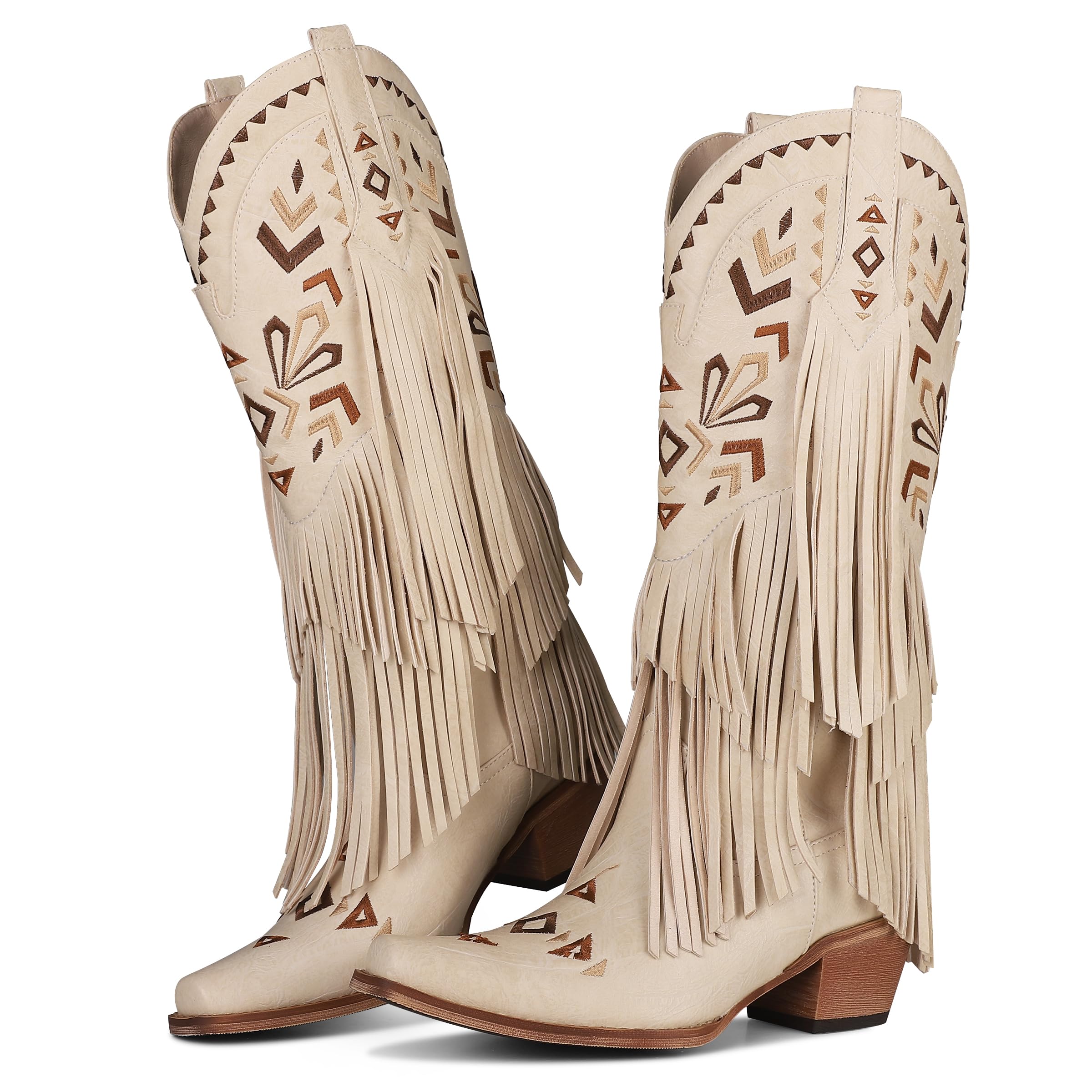 Cowgirl Boots for Women - Western Knee High Boots with Fringe Tassels, Chunky Heel & Embroidered Pointed Toe | Pull On Fashion Boots in Brown | Perfect for Country Rodeo, Line Dancing & Western Outfits