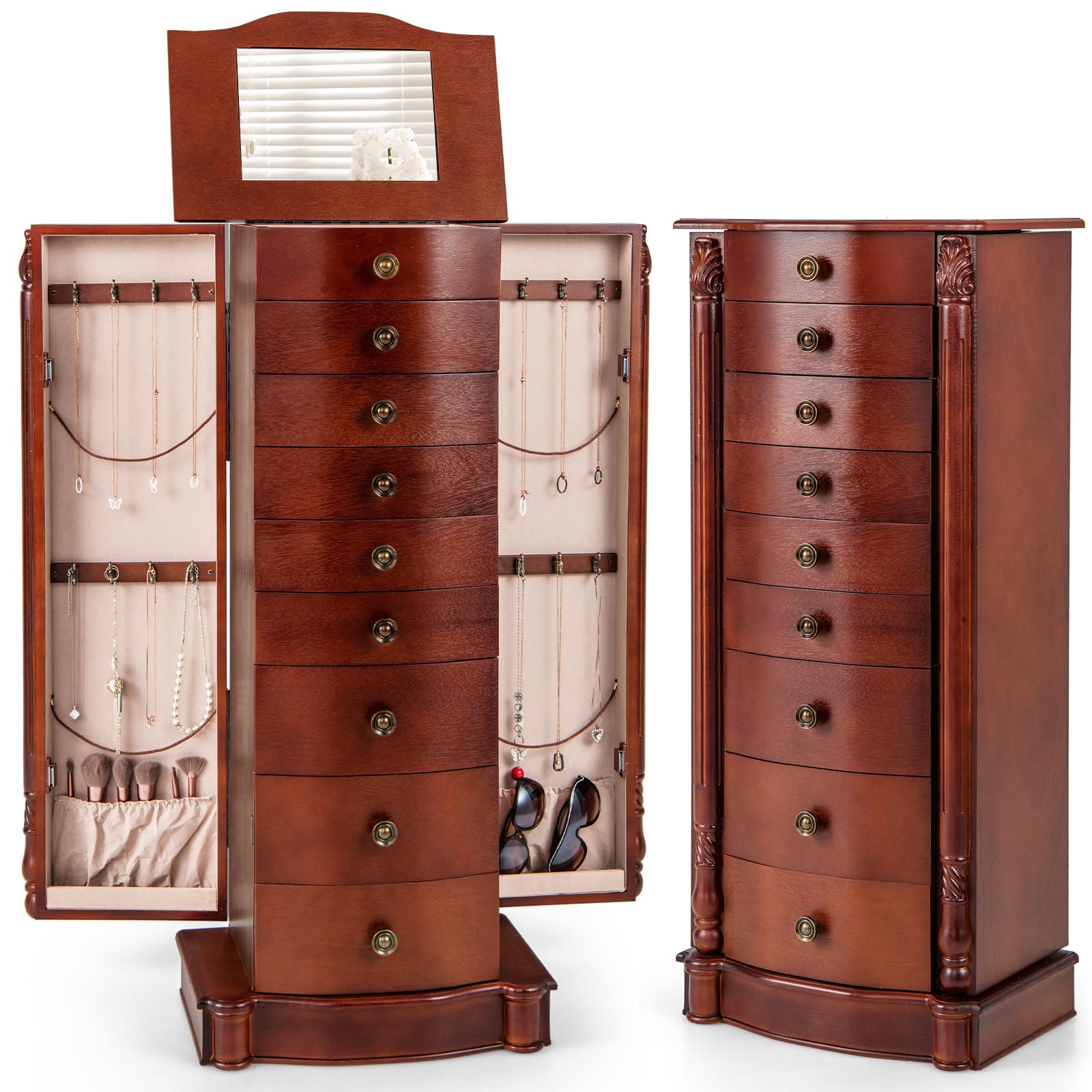 Giantex Large Jewelry Armoire Cabinet with 8 Drawers, 2 Doors & 16 Hooks - Dark Walnut Standing Mirror Storage Chest for Necklaces, Rings & Accessories | Perfect for Bedroom, Closet & Dressing Room Organization