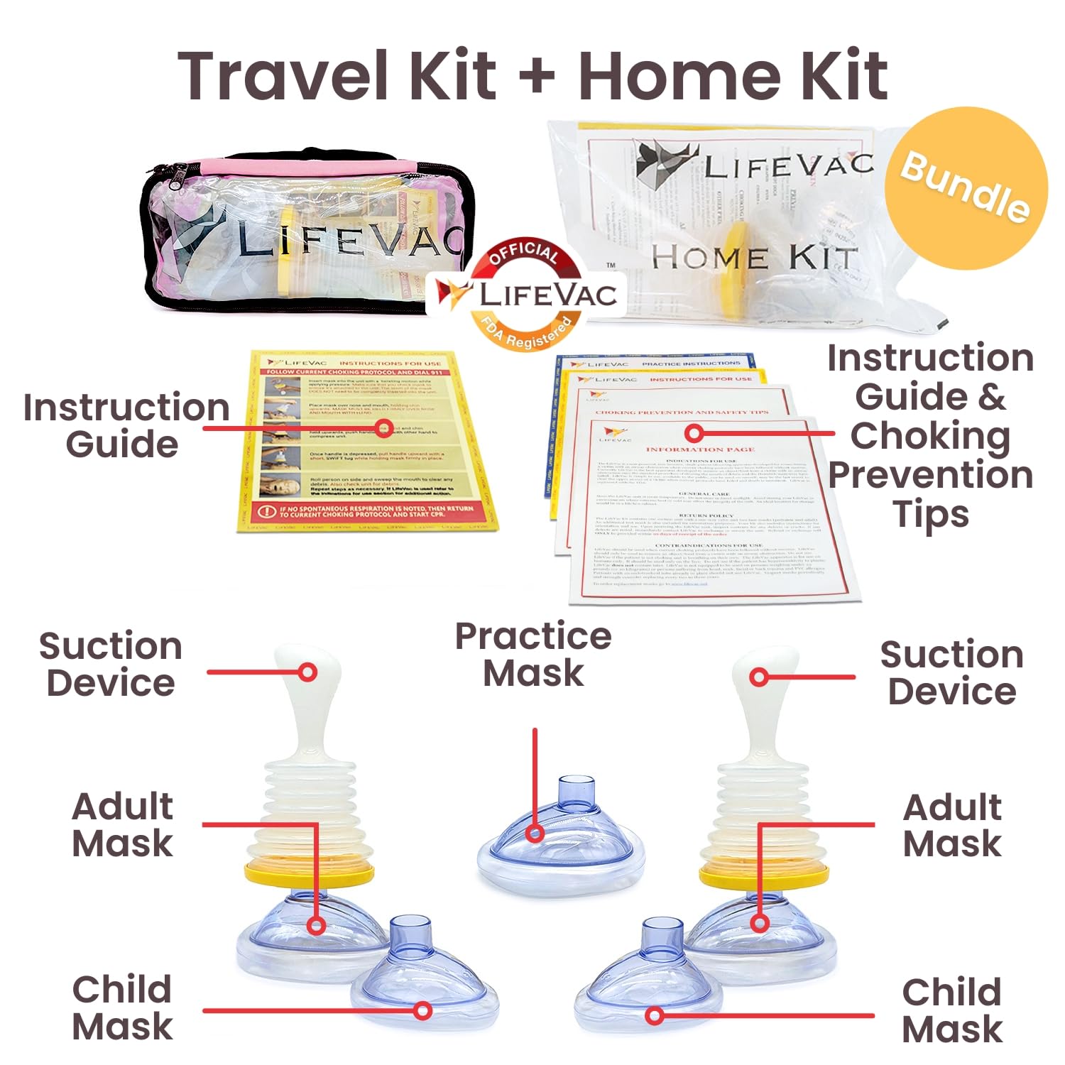LifeVac Home & Pink Travel Kit Combo - Portable Choking Rescue Device for Kids & Adults | First Aid Airway Suction Tool | Home Safety & Emergency Travel Essential for Families