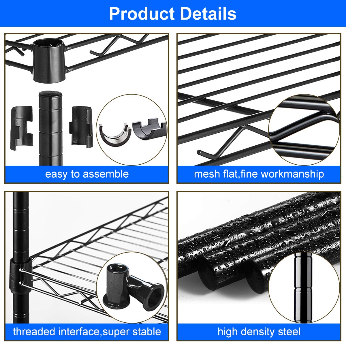 5-Tier Heavy Duty Metal Wire Shelving Unit - 1250Lbs Capacity Adjustable Storage Rack with Leveling Feet for Garage, Kitchen, Commercial Use | Black Standing Shelf for Home Organization & Warehouse Storage