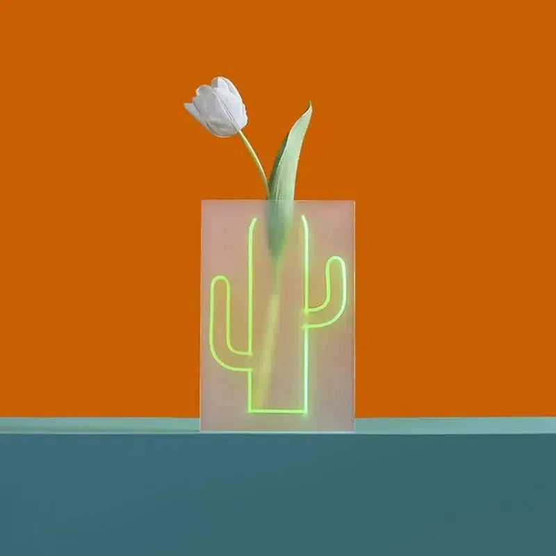 Neon Cactus Acrylic Vase & Desktop Organizer - Modern Home Office Decor for Pens, Pencils & Makeup Brushes - Perfect for Workstations, Desks & Gift Ideas