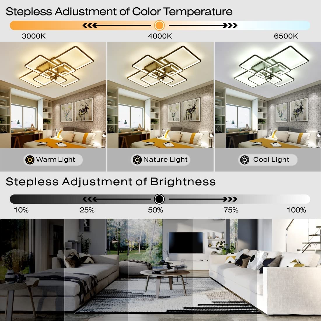 Modern 41.7in Dimmable LED Ceiling Light Fixture - 8 Square Black Flush Mount Light with Remote Control, 120W for Living Room, Bedroom & Dining Room | Energy-Efficient Home Lighting Solution