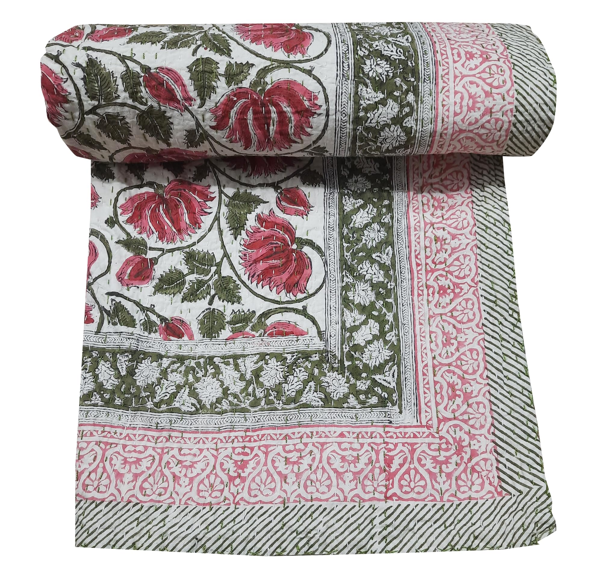 Handmade Indian Kantha Quilt - 100% Cotton Block Print Bedspread, Soft & Breathable Blanket (Twin Size 60x90 Inches, Pink) - Perfect for Bedroom Decor, Cozy Throw, or Boho Chic Home Accent