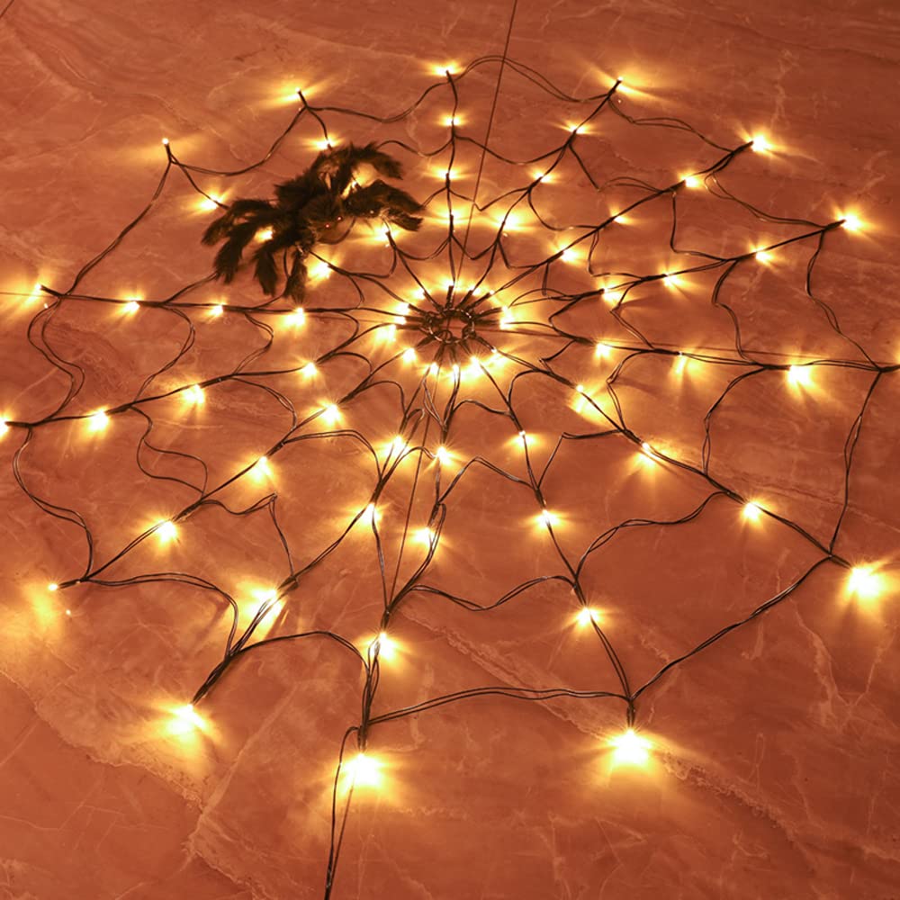 3.2FT Giant Spider Web Lights with Hairy Spider & Cobweb - Orange LED Halloween Decorations for Outdoor, Window, Wall, Garden, Patio & Yard - USB Powered for Spooky Halloween Party & Haunted House Decor