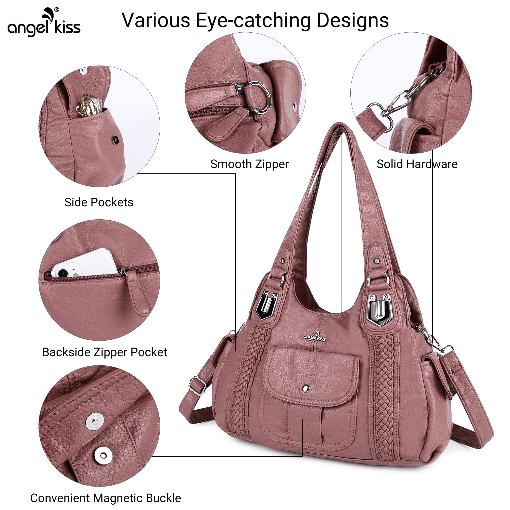 Angelkiss Women's Vegan Leather Crossbody Hobo Satchel Shoulder Tote Purse - Stylish & Durable Handbag for Work, Travel & Everyday Use