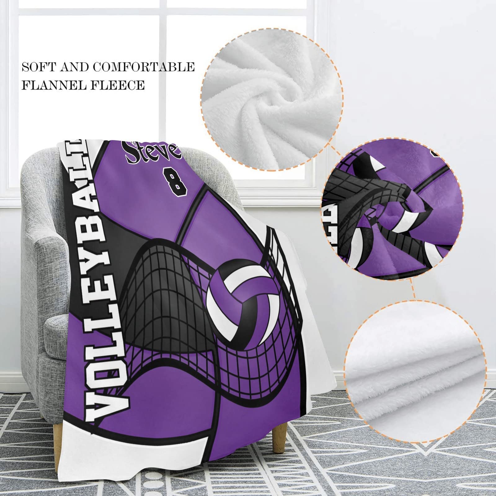 Personalized Volleyball Fleece Throw Blanket - Custom Name Soft Purple Black White Blanket 50x60 Inches - Cozy Gift for Sports Fans, Sofa & Bed Use