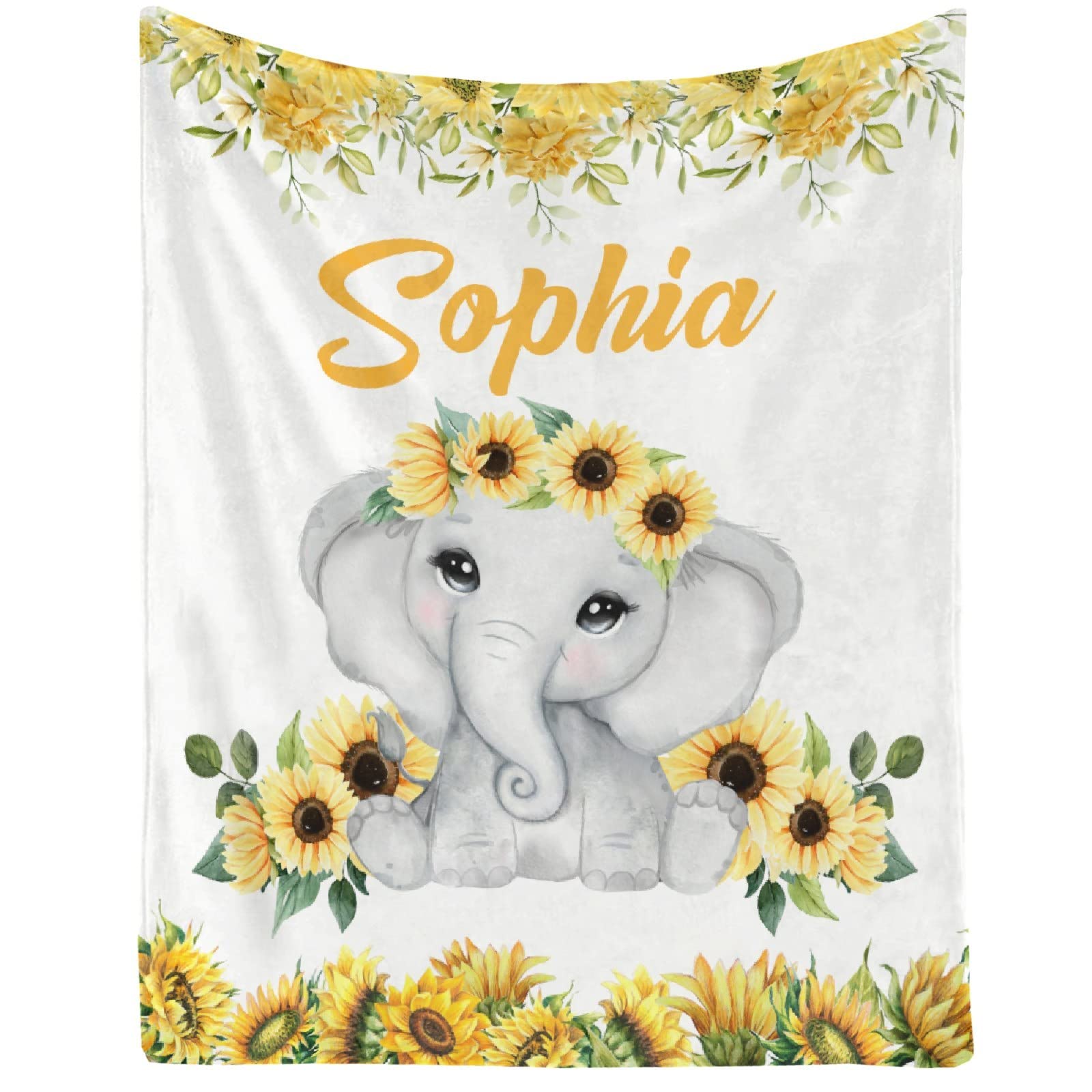 Personalized Baby Girl Name Blanket - Soft Comfy Flannel Custom Blanket for Newborns & Toddlers - Sunflower Elephant Fleece Nursery Throw - Perfect for Birthday Gifts, Nursery Decor, Bed & Sofa - 90