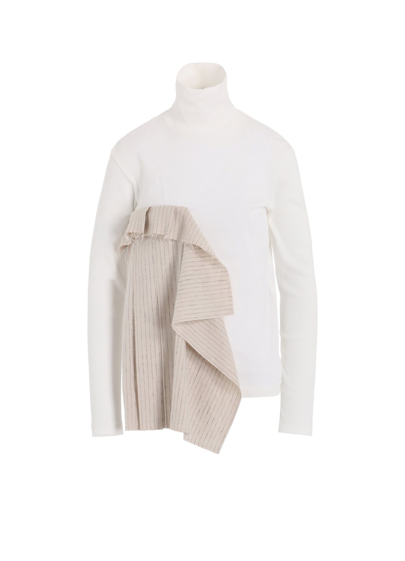 Premium Cotton Rib Jersey Long Sleeve High Neck T-Shirt with Pleated Stripes - Women's Fashion Basic Top for Casual Wear & Layering