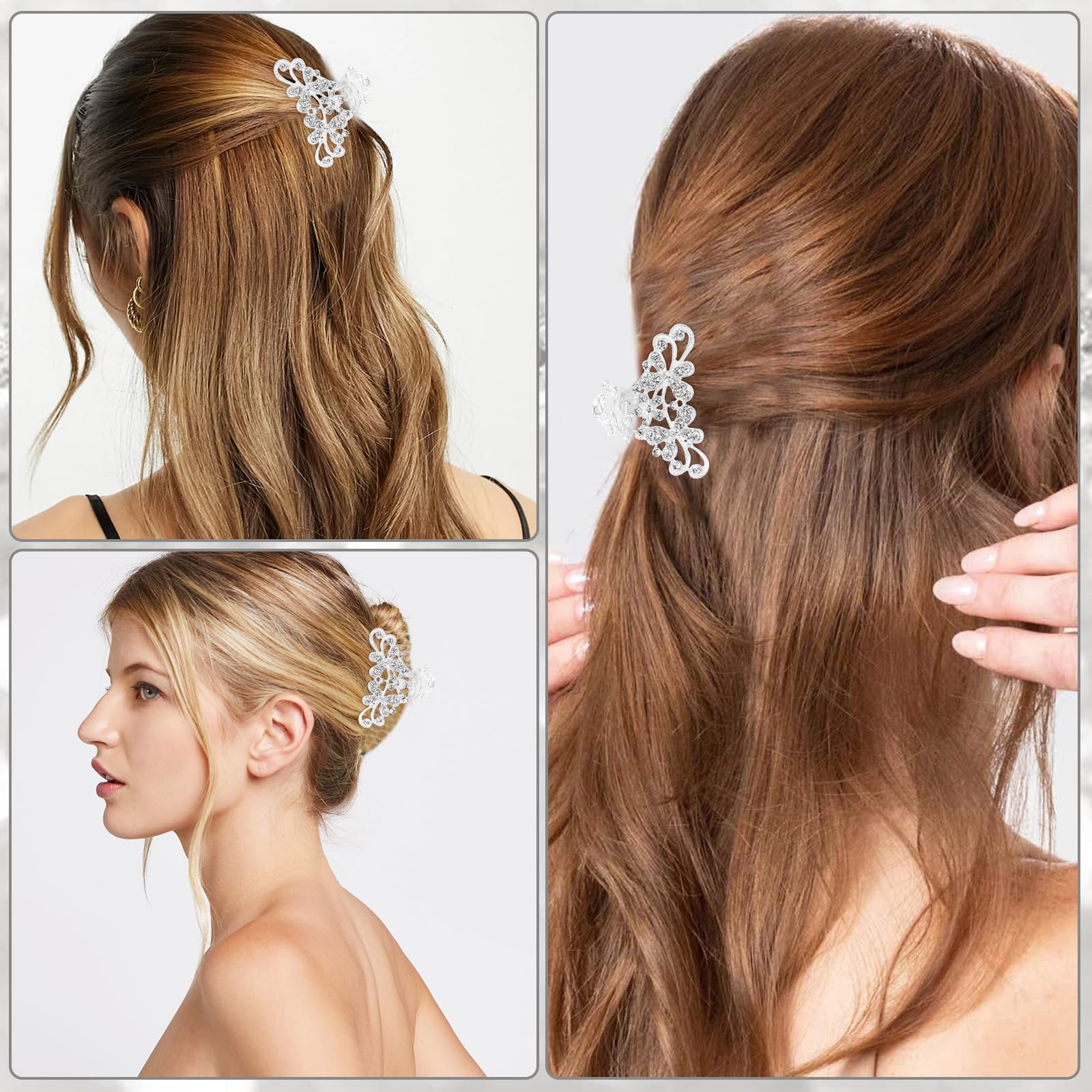 Sparkly Rhinestone Hair Claw Clips for Women - Silver Mini Diamond Crystal Glitter Hair Clips (2.36 inch) - Perfect for Parties, Weddings & Everyday Glam Accessories
