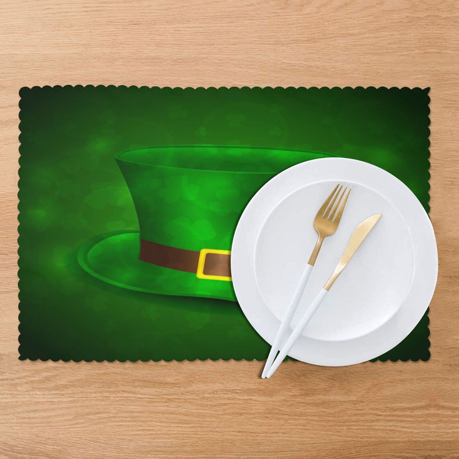 St. Patrick's Day Green Leprechaun Hat Placemats Set of 4 - 12x18 Inch Washable & Heat-Resistant Table Mats for Kitchen Dining Decor | Irish-Themed Party, Holiday Home Decoration
