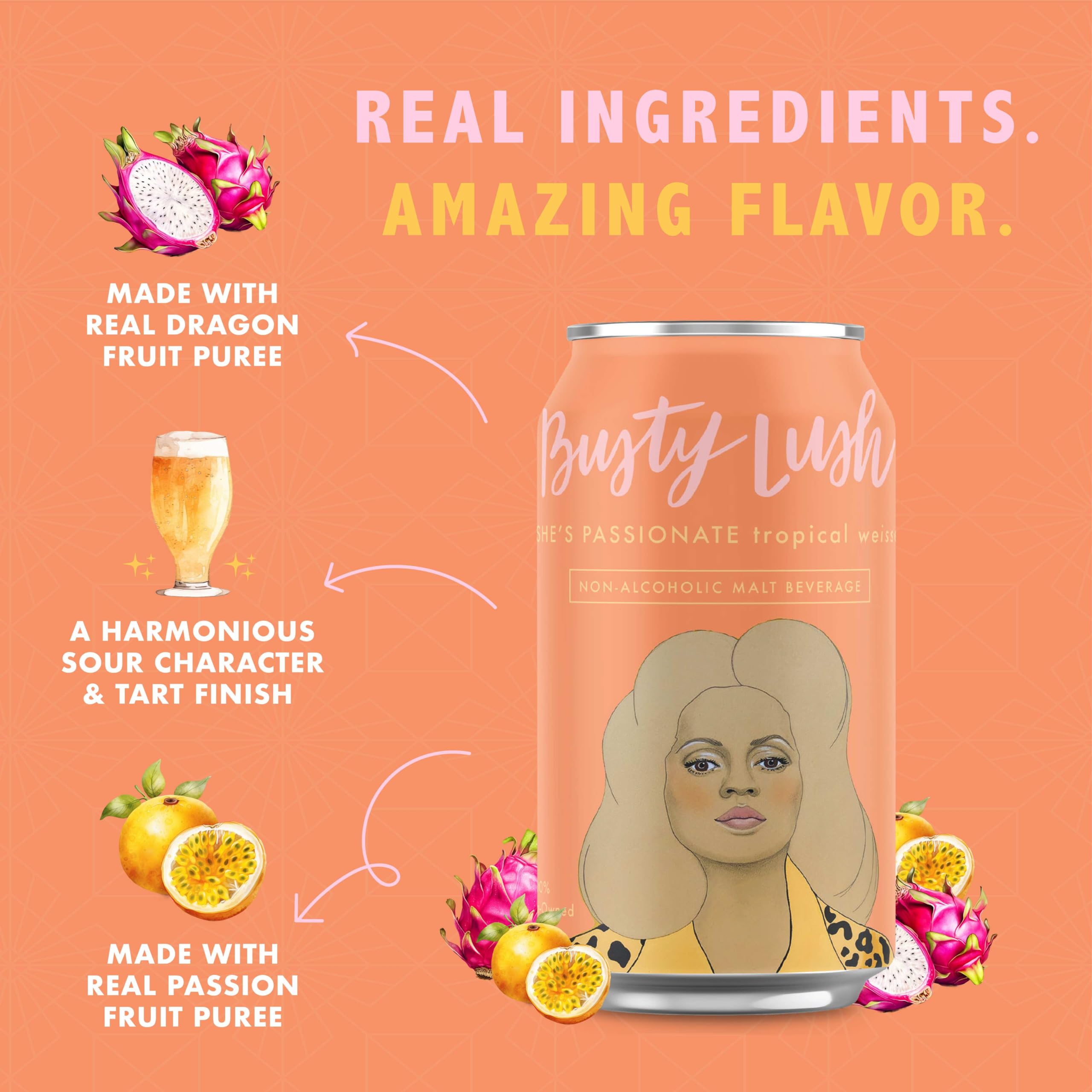 Busty Lush SHE'S PASSIONATE Non-Alcoholic Sour Beer - Low Calorie, No Added Sugar, Craft Brewed Tropical Weisse with Passion Fruit & Dragon Fruit - 12 Pack Cans | Refreshing Alcohol-Free Beverage for Parties, BBQs & Healthy Lifestyle