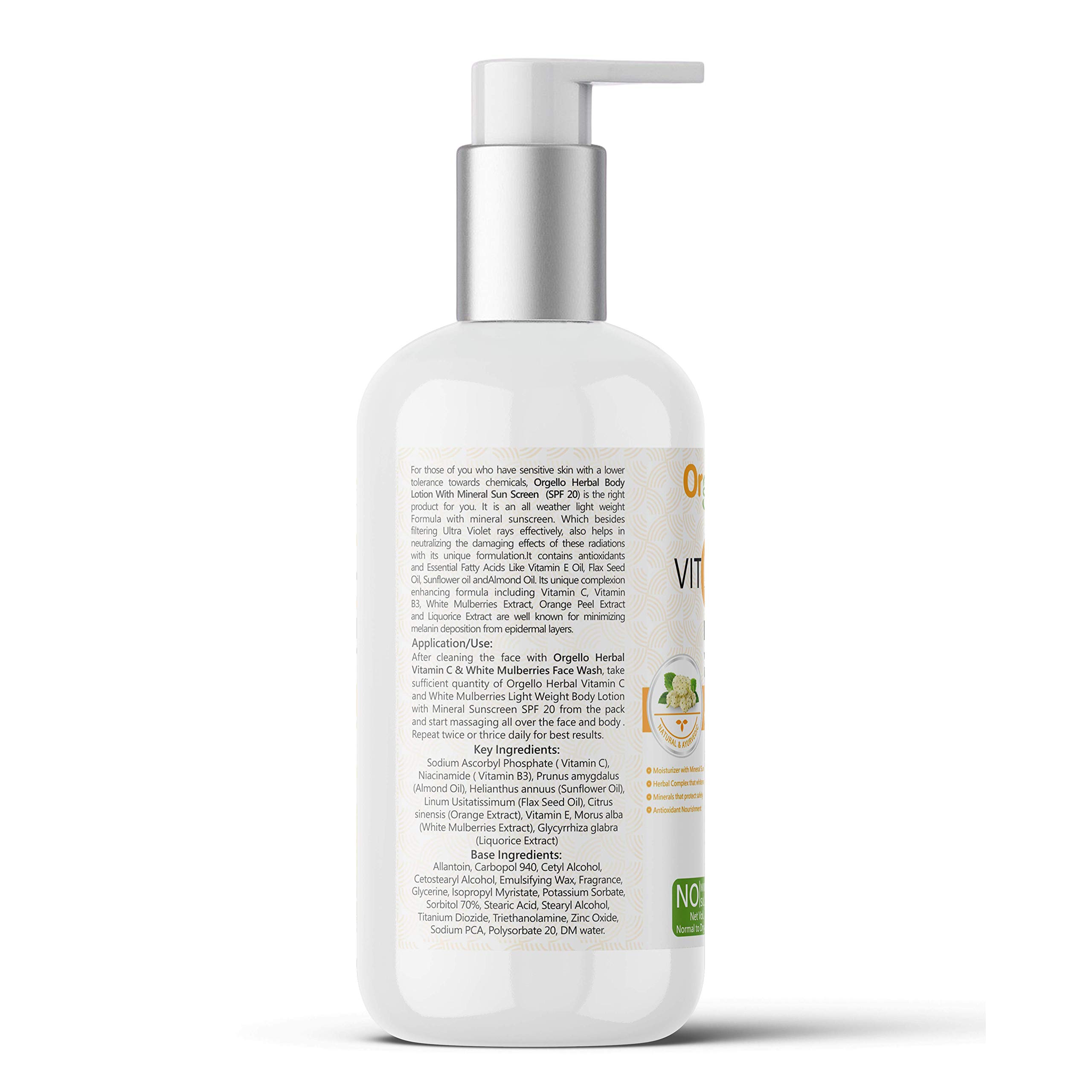 Orgello Herbal Vitamin C Body Lotion with SPF | Mineral Sunscreen Moisturizer (300ml) | Niacinamide, Licorice & Flax Seed Oil | Paraben-Free Skincare | Perfect for Daily Sun Protection & Hydration